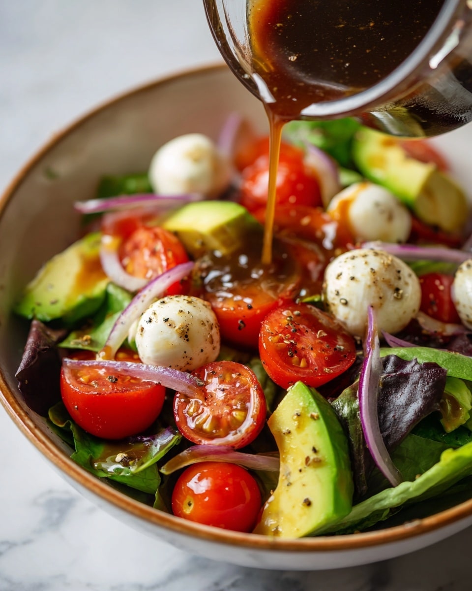 A close-up view of a fresh salad in a white bowl with a brown rim, set against a white marbled texture. The base layer is dark green leafy lettuce, topped with halved bright red cherry tomatoes, medium green avocado chunks with a creamy texture, and white round mozzarella balls. Thin, translucent purple onion slices are mixed throughout. A rich, dark brown dressing is being poured over the salad from a glass container, visible in the top right corner. The ingredients look fresh, juicy, and well-seasoned with black pepper scattered on top. Photo taken with an iphone --ar 4:5 --v 7