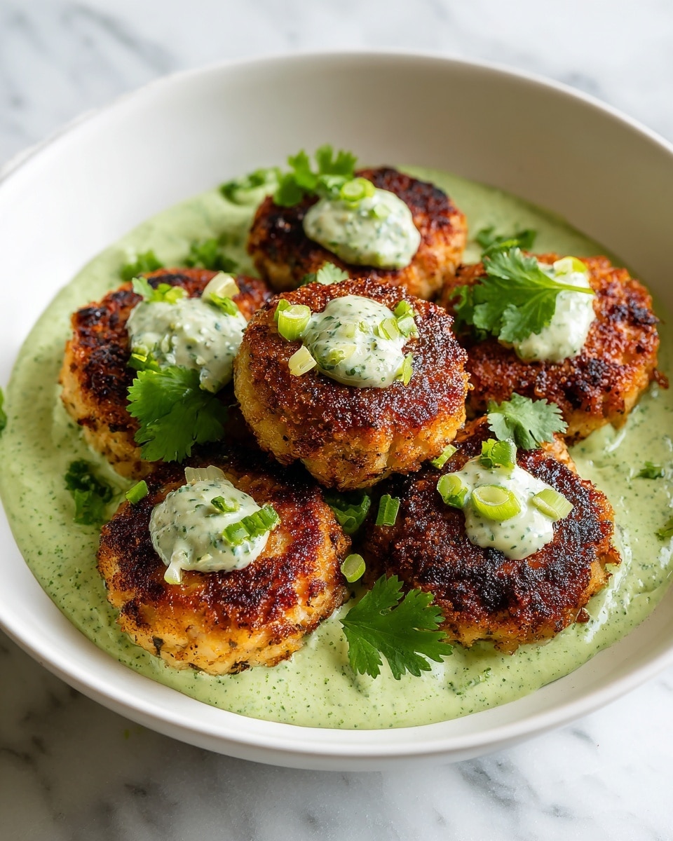 The image shows six round, golden-brown patties with a crispy texture on the outside, each topped with a dollop of pale green creamy sauce and small pieces of chopped green onions. The patties are placed in a white bowl on a smooth, bright green creamy sauce layer that covers the bottom, with a few fresh cilantro leaves as garnish on top and around the patties. The bowl is set on a white marbled surface, adding light reflections that highlight the crispiness and fresh green colors of the dish. photo taken with an iphone --ar 4:5 --v 7