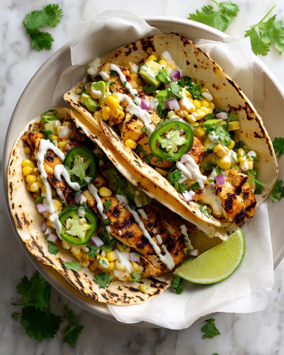 Two soft corn tortillas form the base, each folded and filled with three main layers. The bottom layer is grilled chicken with a golden-brown crust, followed by a fresh mix of yellow grilled corn kernels, diced avocado, and red onion scattered on top. The third layer includes bright green cilantro leaves and thin slices of green jalapeño peppers, drizzled with a creamy white sauce. A wedge of lime sits at the side, adding a fresh touch. The dish is served in a white bowl lined with white parchment paper, all set on a white marbled surface. Photo taken with an iphone --ar 4:5 --v 7