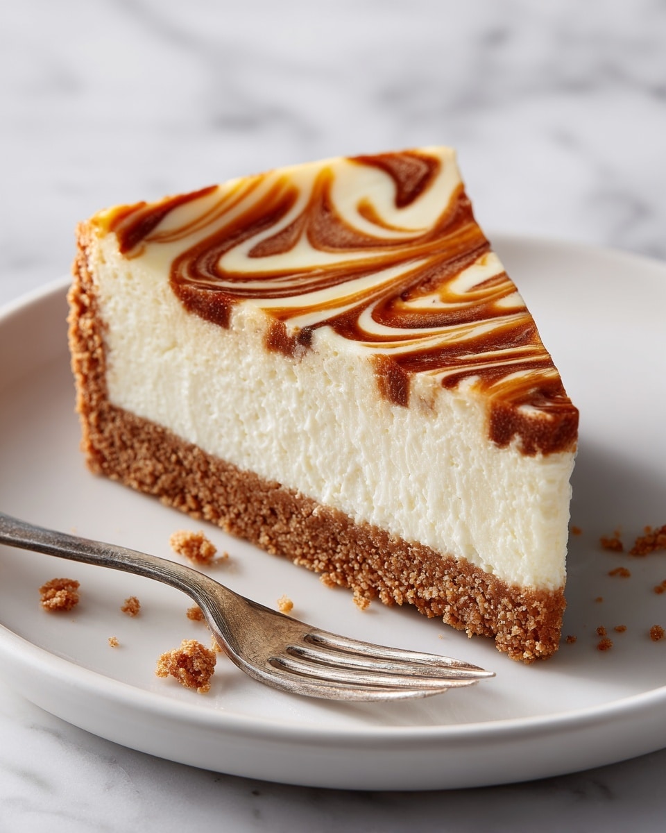 A single slice of cheesecake is shown on a simple white plate, with a thick crumbly brown crust layer at the bottom. Above the crust is a smooth, creamy off-white layer of cheesecake filling. The top layer has artistic swirls with dark brown and caramel tones, giving a baked and slightly caramelized look. The slice has sharp edges and a clean cut. Next to the slice is an old-style metal fork with some wear. The plate sits on a white marbled surface. Photo taken with an iphone --ar 4:5 --v 7