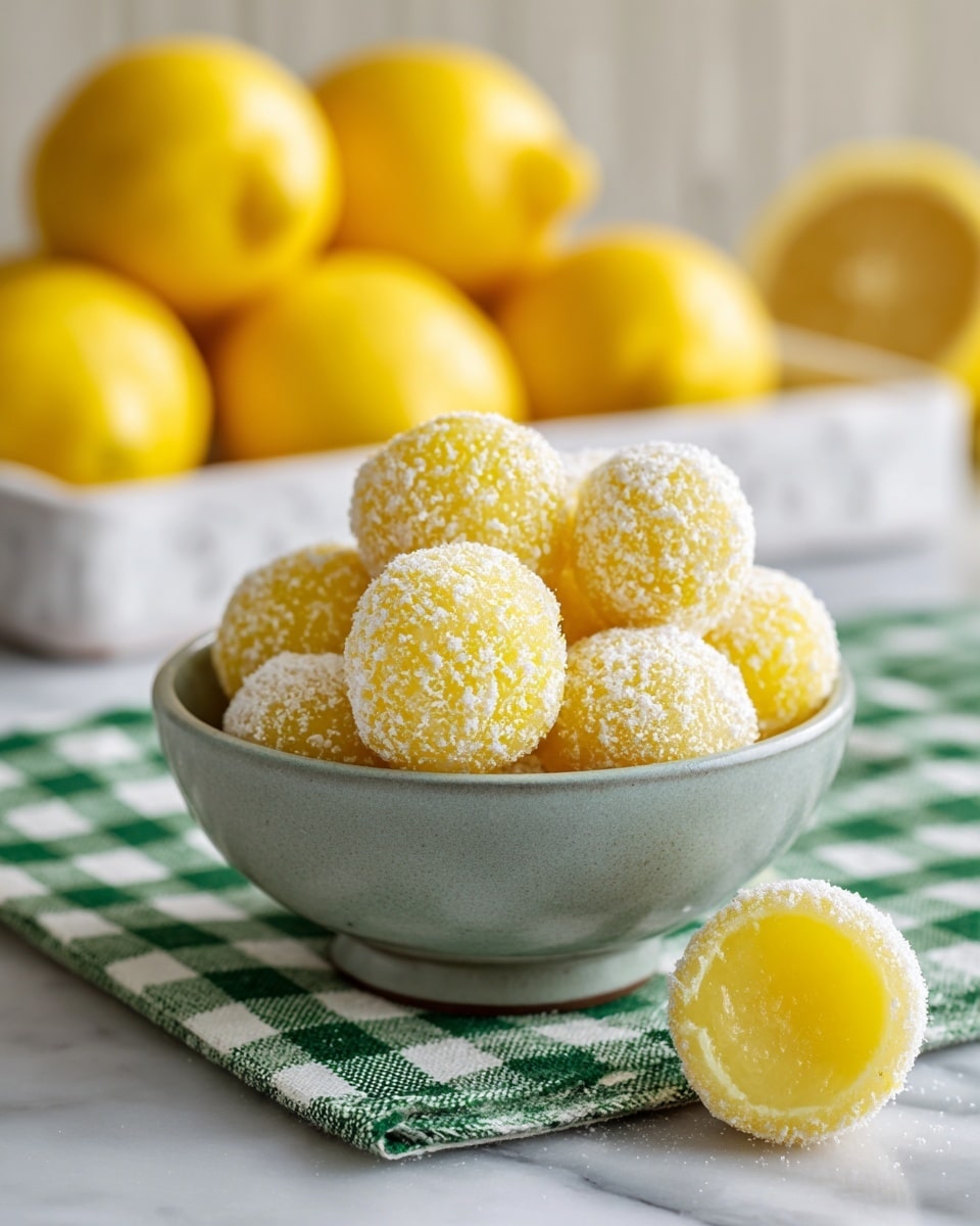 A pile of small round yellow lemon-flavored treats, each dusted with white powdered sugar, sits in a gray bowl placed on a green gingham cloth atop a white marbled surface. One yellow treat is cut open at the top of the pile, revealing a soft, smooth inside with a lemon-yellow color and a slightly glossy texture. In the blurred background, whole lemons rest on a white rectangular dish, adding a bright yellow color contrast. photo taken with an iphone --ar 4:5 --v 7