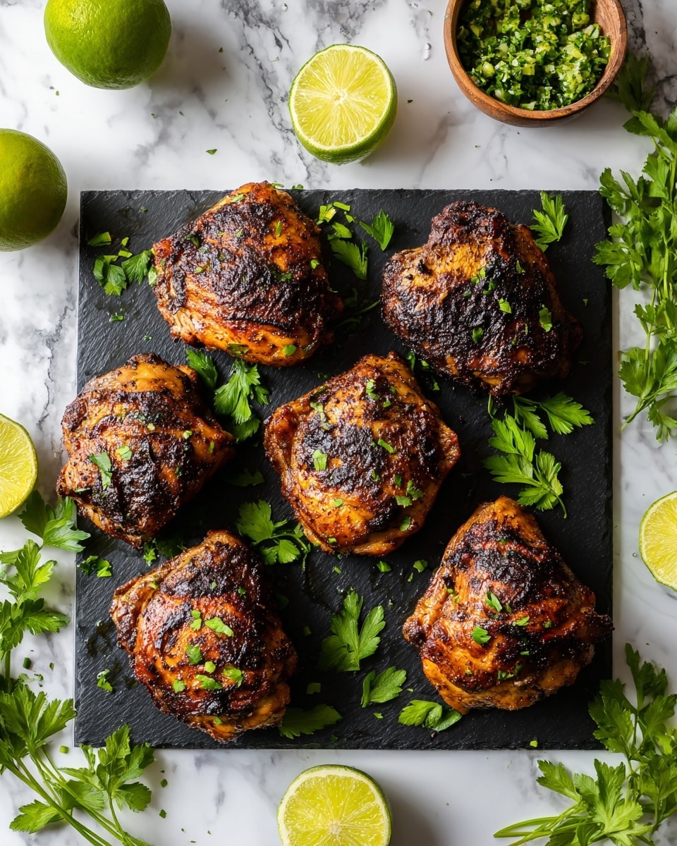 The image shows six grilled chicken thighs with a dark brown and charred crust, lying on a square black slate board. Around the chicken pieces, there are fresh green parsley leaves scattered, along with two green limes and two lime wedges placed on the corners of the slate. In the background, a white bowl with chopped green onions is partially visible, all placed on a white marbled surface. The scene looks bright and fresh, with the contrast of the dark chicken and green garnishes creating a strong visual appeal. Photo taken with an iphone --ar 4:5 --v 7