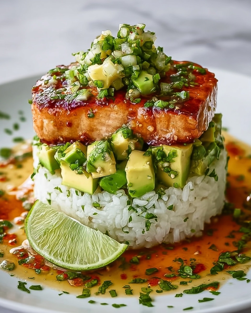 The dish is stacked in three layers on a white plate with a white marbled texture background. The bottom layer is neatly formed white rice, with fresh green chopped herbs mixed in and around it. The middle layer is made of fresh avocado chunks, bright green in color, sitting on top of the rice. The top layer is a thick, golden-brown grilled salmon fillet with a glossy glaze on top. Small pieces of green herbs and finely chopped onions are sprinkled over the salmon. On top of the salmon is a small mound of more avocado chunks and chopped green herbs, finished with a wedge of lime. Around the base of the stack, there is an orange-brown sauce drizzled with scattered green herbs, and a slice of lime rests on the plate nearby. Photo taken with an iphone --ar 4:5 --v 7