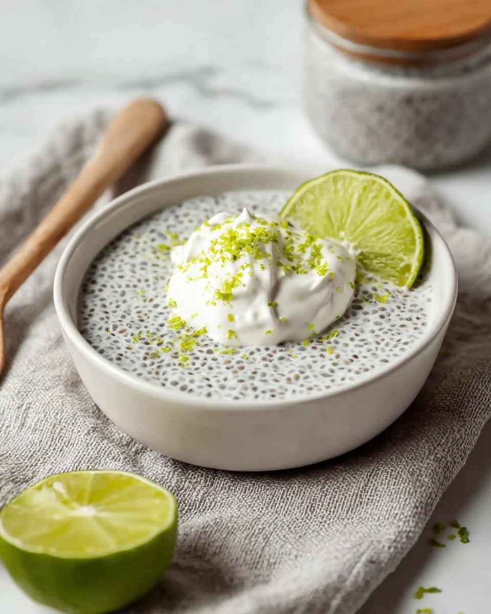 A white bowl filled with a layer of creamy white chia pudding studded evenly with tiny black chia seeds, topped centrally with a dollop of smooth white whipped cream and sprinkled with bright green lime zest. A thin fresh lime slice leans against the whipped cream on the side inside the bowl. The bowl sits on a light gray textured cloth on a white marbled surface, with half a fresh lime placed beside the bowl and some scattered lime zest nearby. In the soft-focus background, another container of chia pudding with a wooden lid is slightly visible. photo taken with an iphone --ar 4:5 --v 7