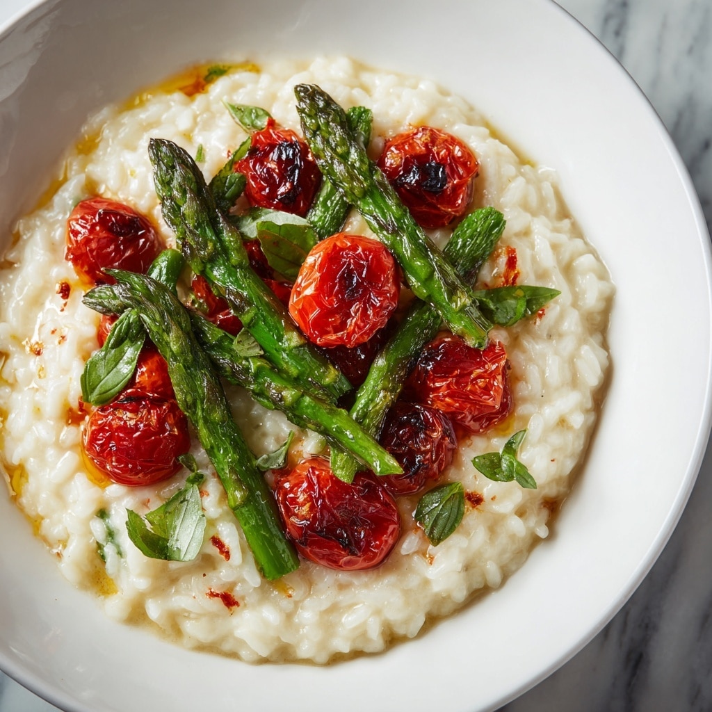 A white bowl filled with a creamy risotto dish, showing vibrant green asparagus stalks arranged evenly throughout and bright red cherry tomatoes placed on top, mixed with fresh green basil leaves scattered over the surface. The risotto has a soft, slightly textured appearance, creamy white with tiny grains visible. The asparagus adds a glossy, firm texture with a lively green color, and the cherry tomatoes add a smooth, shiny red layer on top. The whole dish sits on a white marbled surface. Photo taken with an iphone --ar 4:5 --v 7