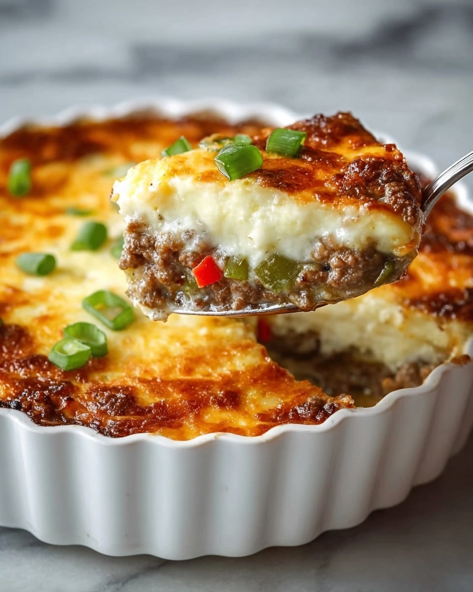 The image shows a white scalloped round dish filled with a layered casserole being served. A metal spoon lifts a portion from the dish, showing three visible layers: a creamy white cheese layer on top with a golden-brown crust, a middle layer of cooked ground beef mixed with small pieces of green and red bell peppers, and another layer of white cheese or creamy sauce underneath. Small pieces of chopped green onions are scattered on top of the casserole. The dish is placed on a white marbled surface. Photo taken with an iphone --ar 4:5 --v 7