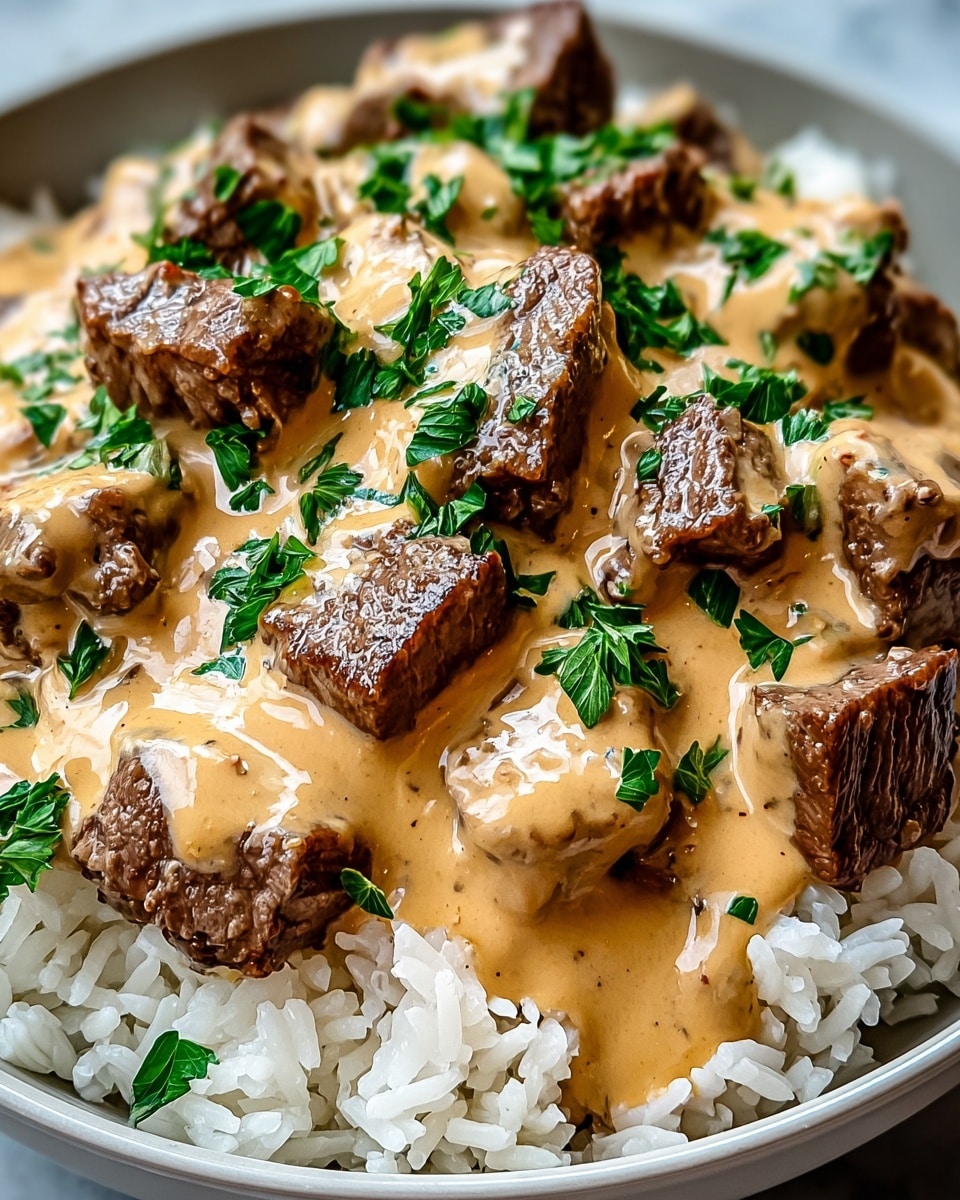 A close-up view of a dish showing a base layer of white rice with a soft, slightly glossy texture. On top of the rice are multiple pieces of browned beef chunks, showing a grilled texture with visible edges. The beef is covered by a thick, creamy light tan sauce that has a smooth and rich appearance, spread evenly over the meat and rice. Scattered fresh green parsley leaves are sprinkled on the sauce, adding a pop of bright color and freshness. The dish is served in a white bowl, all placed on a white marbled surface. photo taken with an iphone --ar 4:5 --v 7