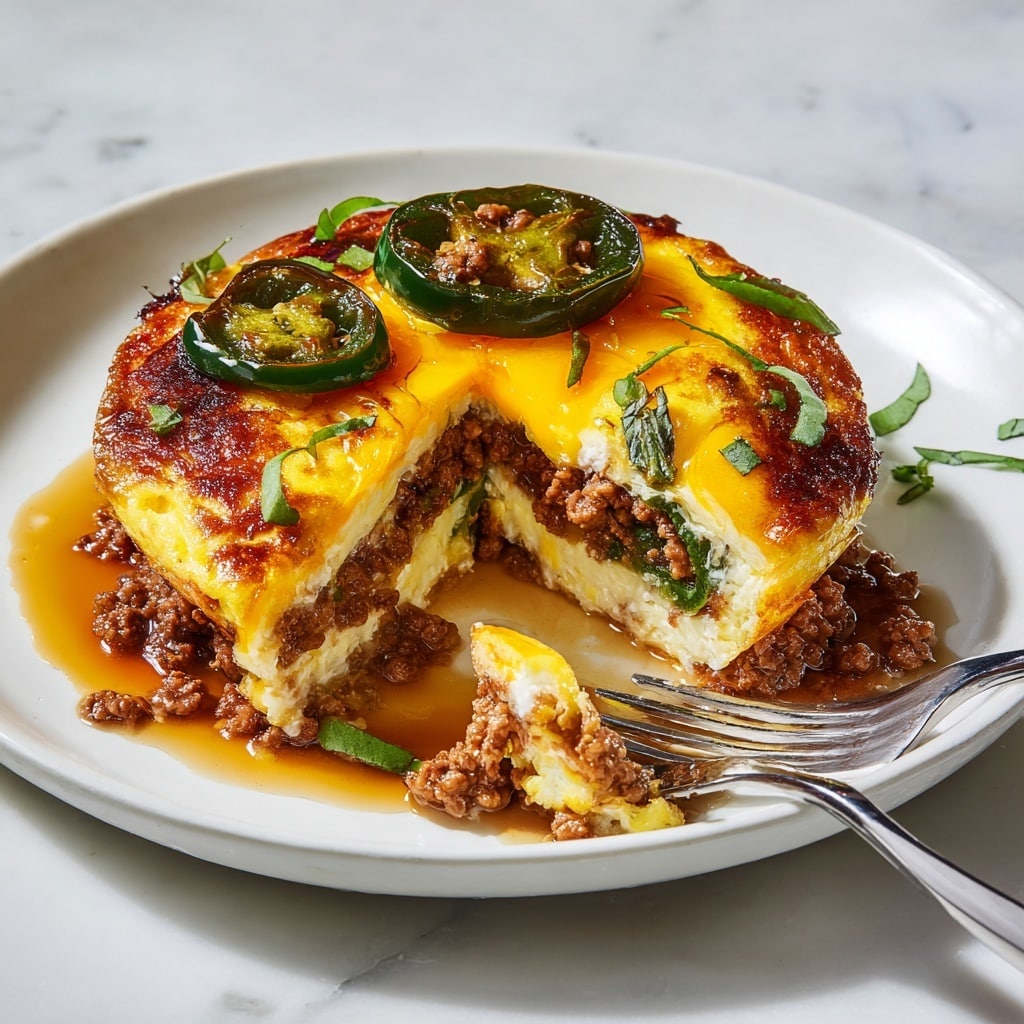 The dish shows three visible layers starting with a bottom layer of creamy, light yellow egg mixture, topped by a middle layer of brown cooked ground meat mixed with green jalapeño slices. The top layer is melted, bright yellow-orange cheese with a slightly crispy texture and two slices of roasted dark green jalapeños. The dish is garnished with small green herb leaves scattered over the cheese. It sits on a white plate with a small pool of light brown sauce around it, all on a white marbled surface. A fork holds a bite-sized piece, showing all the textured layers inside. Photo taken with an iphone --ar 4:5 --v 7