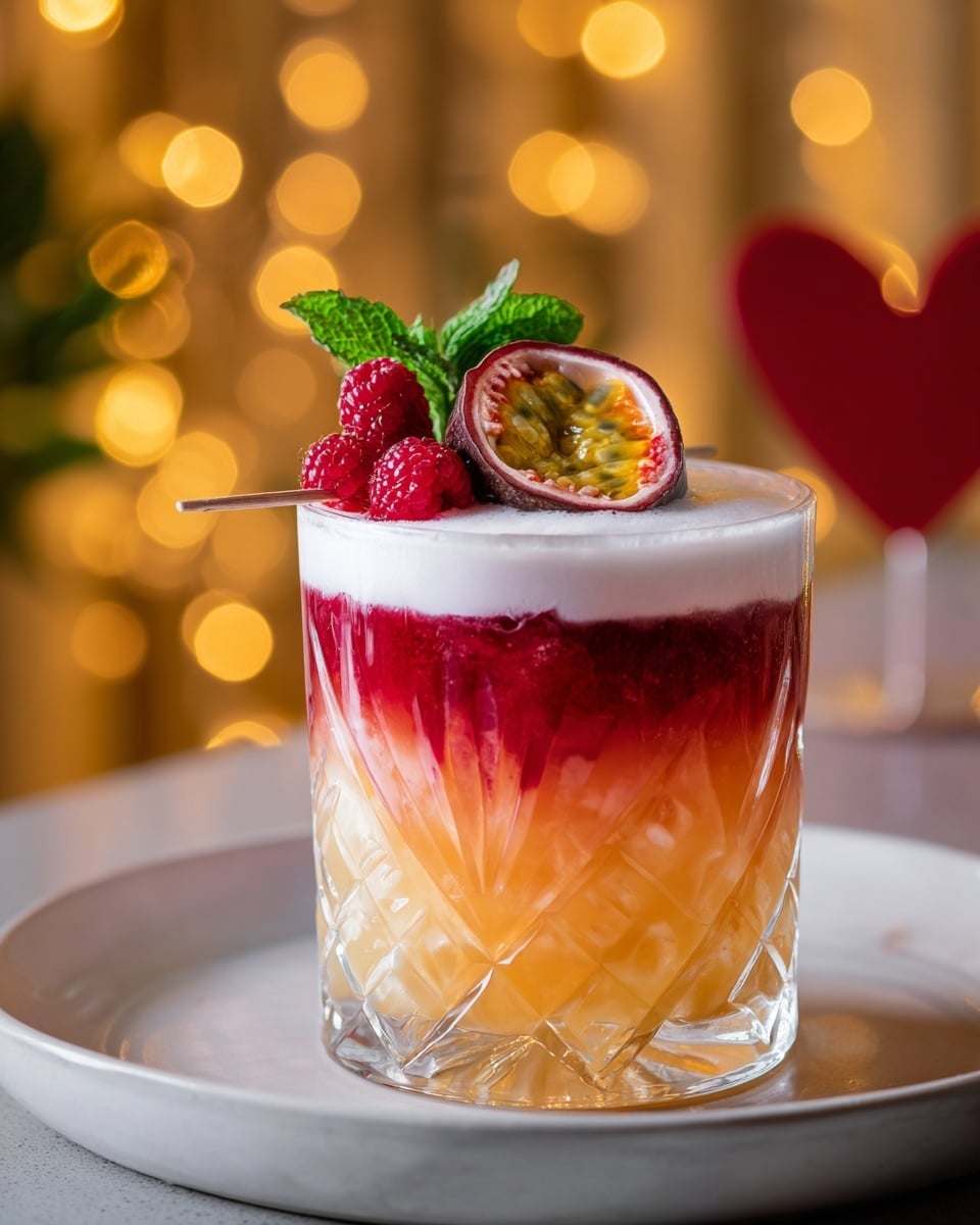 A clear glass with a diamond pattern holds a three-layered drink on a white plate placed on a white marbled surface; the bottom layer is bright red with an icy texture, the middle layer is a soft blend of red and orange with ice inside, and the top layer is thick and white foam creating a smooth cap. On top of the glass, there is a skewer across holding half a passion fruit with its yellow seeds visible, two bright red raspberries, and a small sprig of mint leaves behind the fruit. The background is soft with warm, out-of-focus lights creating a cozy mood. Photo taken with an iphone --ar 4:5 --v 7