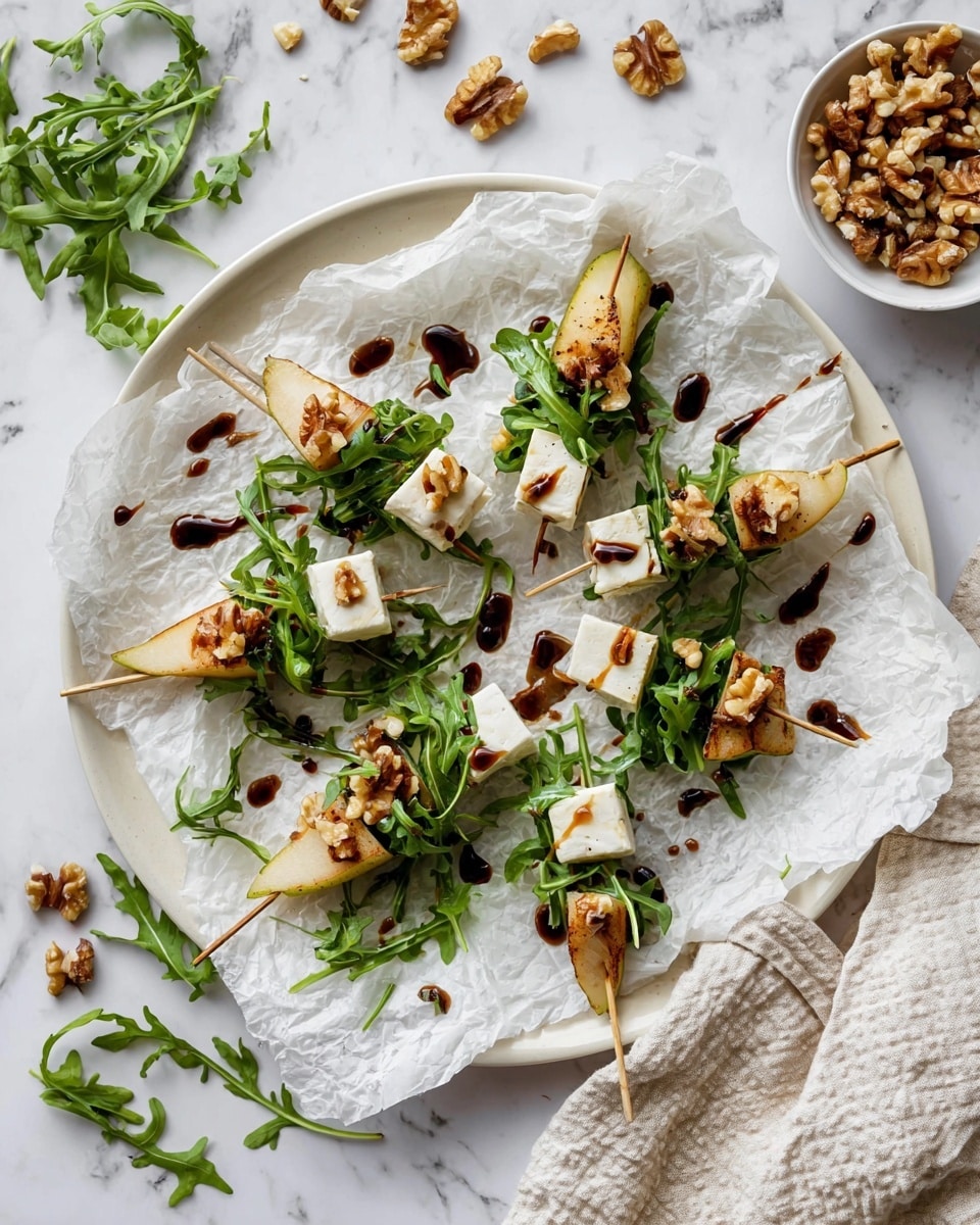 The image shows a white plate covered with crumpled white parchment paper, holding several bite-sized skewers arranged in a loose circle. Each skewer has three layers: a golden-brown toasted pear slice at the bottom, a bunch of fresh green arugula leaves in the middle, and a small piece of white creamy cheese topped with light brown walnut pieces. The skewers are drizzled with a dark balsamic glaze that adds a shiny effect and some scattered dark drops on the parchment. Around the plate, there are loose pieces of arugula, a bowl with walnuts, and a white bowl with more pear and cheese pieces, all placed on a soft white marbled surface with a crumpled white cloth nearby. photo taken with an iphone --ar 4:5 --v 7