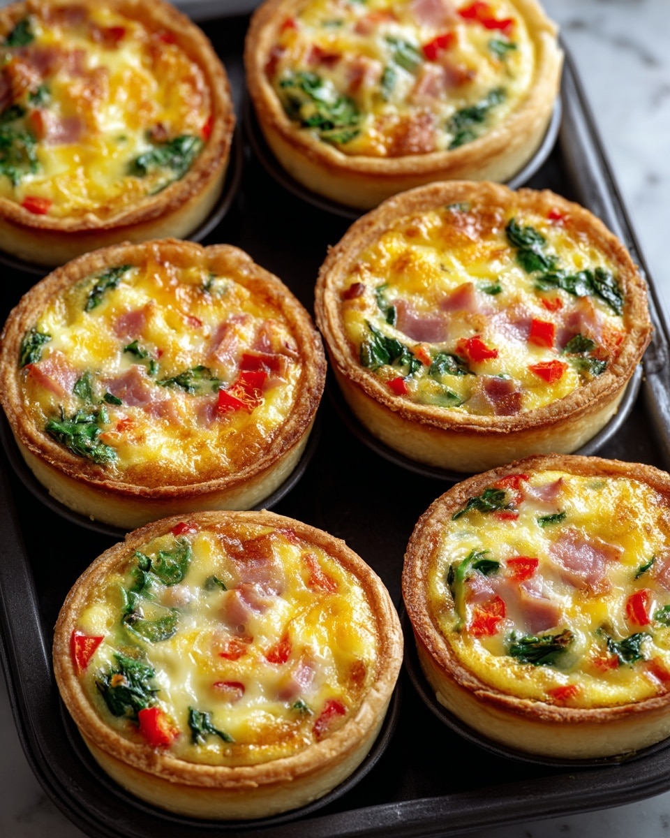 Six mini quiches sit in a dark baking tray with rounded cups, each showing three clear layers. The bottom layer is a light brown, crisp pastry shell. The middle layer is a creamy, pale yellow egg filling, mixed with bits of green spinach and small red bell pepper pieces, giving a fresh and colorful look. The top layer is melted golden cheese, slightly browned around the edges, covering scattered chunks of pink ham. The quiches look hot and fresh. The background is a white marbled texture. photo taken with an iphone --ar 4:5 --v 7