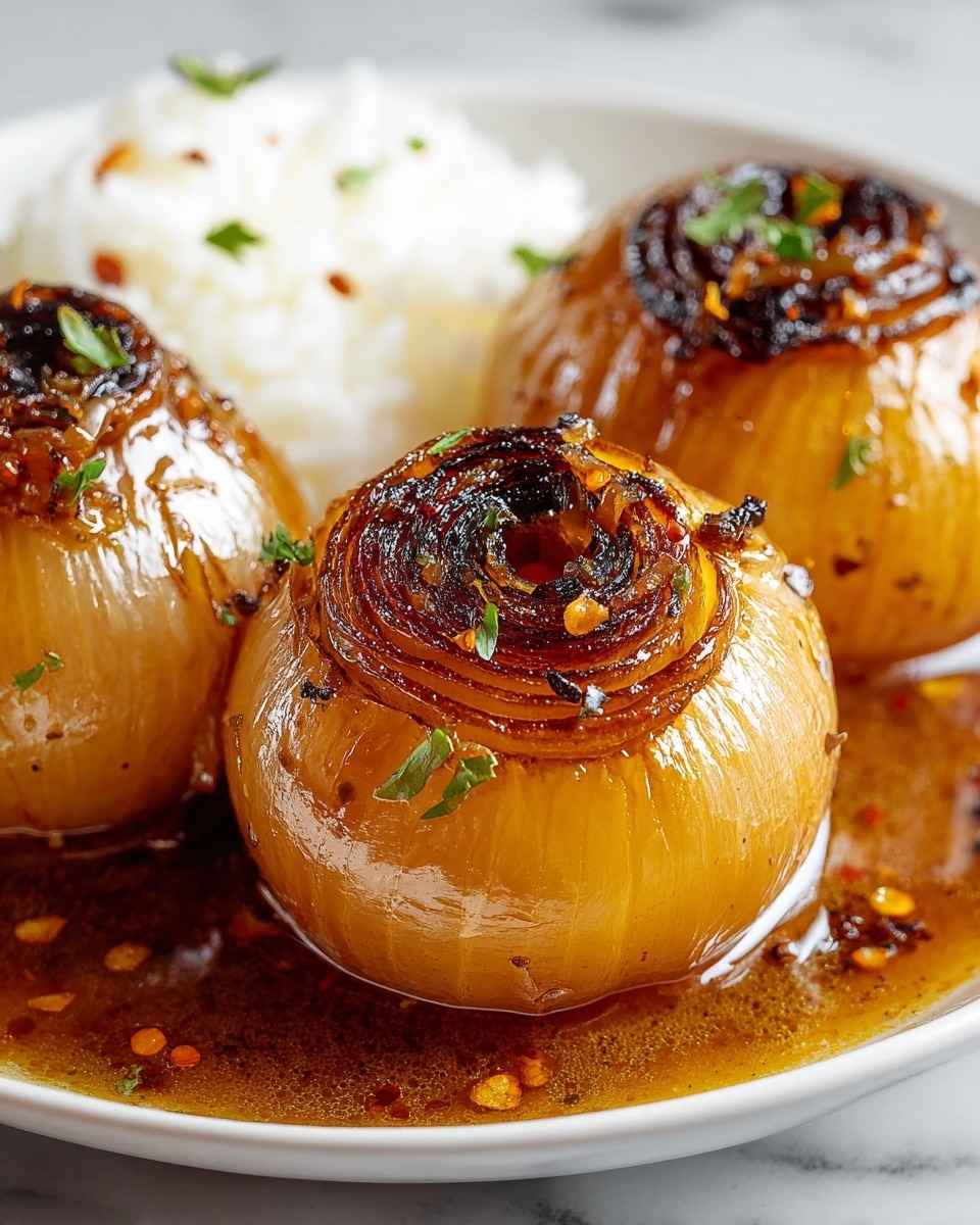 A close-up of a white plate holding four glossy whole caramelized onions sitting in a rich amber-brown sauce with visible pepper flakes and herbs sprinkled on top. Each onion has a slightly charred, dark brown top layer with tightly wrapped translucent golden-brown layers beneath, showing a shiny, juicy texture. The onions are garnished with few small green herb bits, and a small portion of white rice is visible at the back edge of the plate. The plate rests on a white marbled surface. photo taken with an iphone --ar 4:5 --v 7