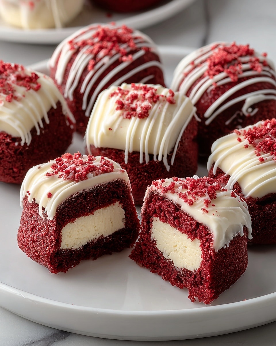The image shows small red velvet cake bites arranged on a white plate set on a white marbled surface. Each bite has two layers of deep red cake with a smooth, thick white cream cheese layer in the middle. The top of each cake bite is decorated with white icing drizzled in lines and sprinkled with small red crumbs, adding texture and color contrast. Two of the cake bites are cut open, clearly showing the creamy layer inside between the red cake layers. photo taken with an iphone --ar 4:5 --v 7