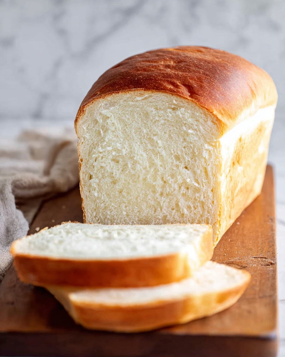 A loaf of white bread with a golden brown crust sits on a wooden board. The bread is soft and fluffy inside, shown by the two slices cut and lying in front of the main loaf. The top crust is smooth with a light shine, while the interior is pale and slightly porous with a fine texture. The background has a white marbled texture that softly contrasts with the bread. Photo taken with an iphone --ar 4:5 --v 7