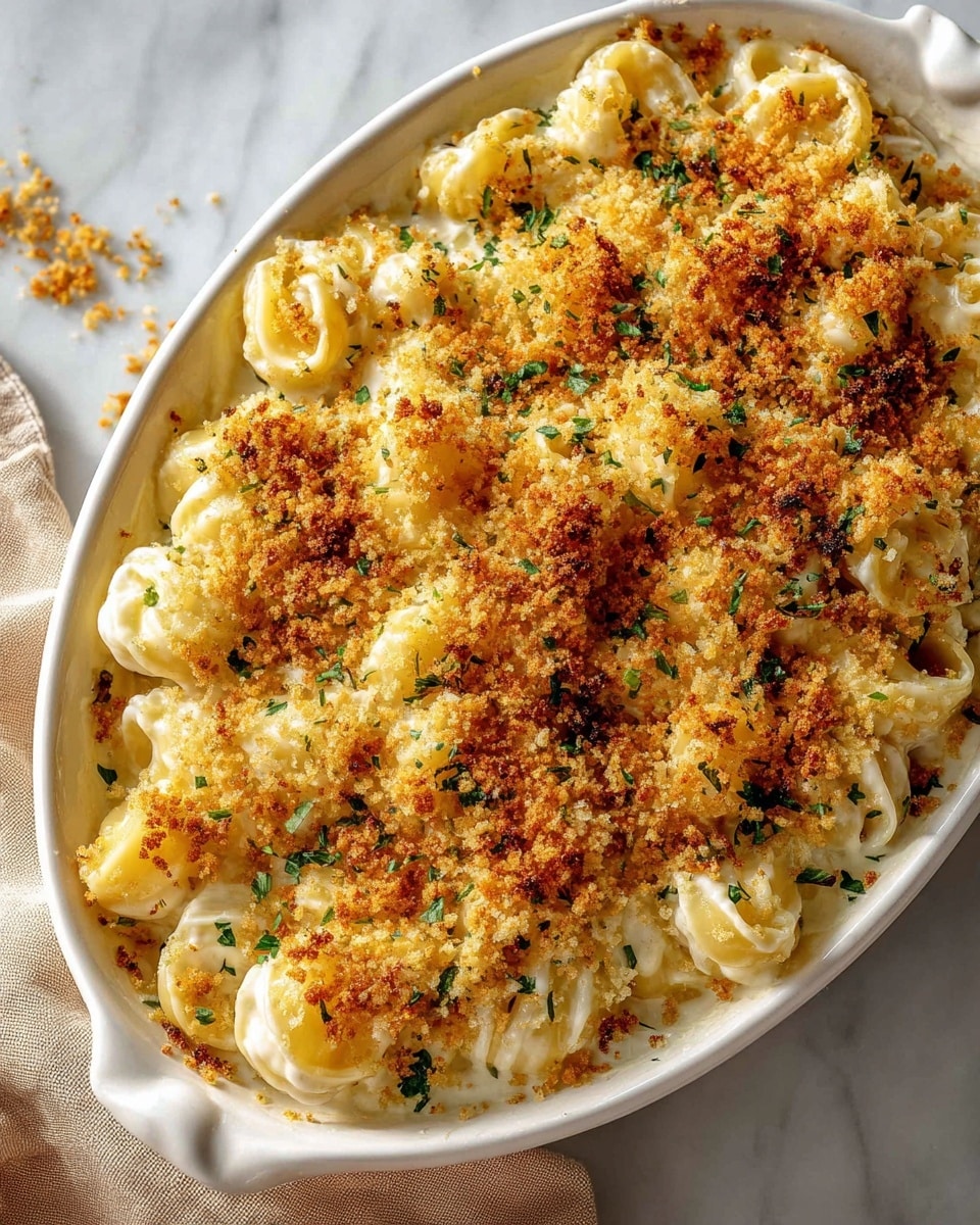 The image shows a white oval baking dish filled with creamy macaroni pasta, topped with a thick layer of golden-brown toasted breadcrumbs mixed with small bits of green herbs. The pasta swirls are coated in a rich white cheese sauce, visible beneath the crumbly topping. The dish rests on a white marbled surface, with a soft beige cloth partially visible beside it. Some breadcrumbs have spilled around the dish, adding a casual, freshly baked feel. photo taken with an iphone --ar 4:5 --v 7