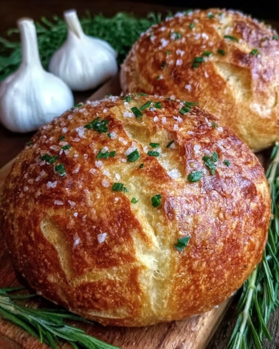 Two round golden brown breads with a crispy crust and a shiny surface topped with coarse salt and small fresh green herb pieces are placed on a wooden board. Behind the breads, there are white garlic bulbs and green rosemary sprigs adding a rustic touch. The texture of the bread shows uneven cracks and a crunchy appearance, highlighting its fresh bake. Photo taken with an iphone --ar 4:5 --v 7