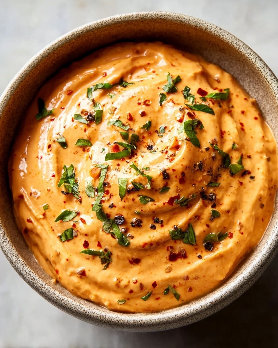 A close-up of a bowl filled with a creamy orange dip that has a smooth and thick texture with visible small red and black specks throughout. The dip is swirled in the bowl creating soft peaks, and it is topped with scattered fresh green herb leaves and cracked black pepper. The bowl is round and stone-colored, sitting on a white marbled textured surface. The lighting highlights the glossy finish of the dip's surface. photo taken with an iphone --ar 4:5 --v 7