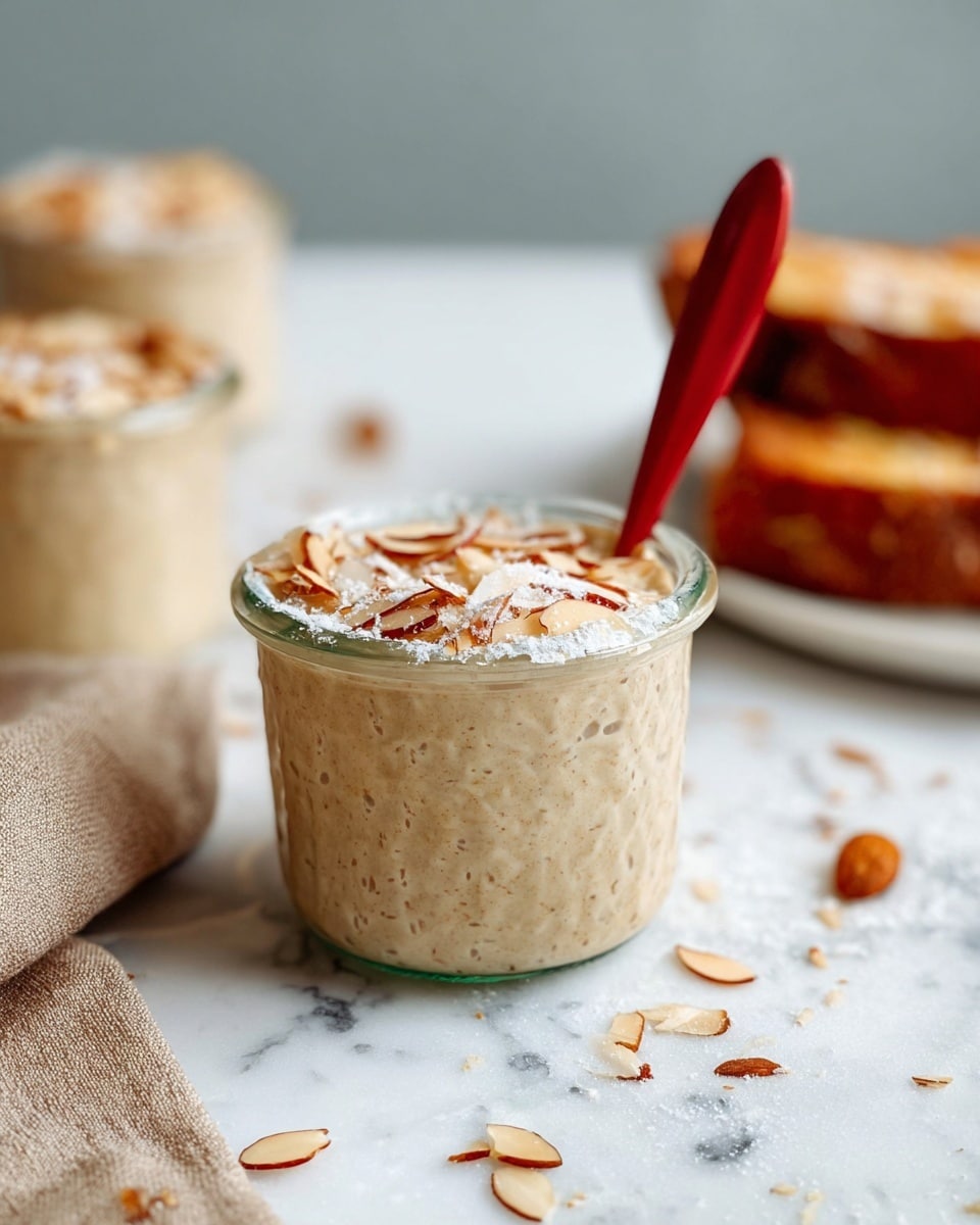 A small clear glass jar filled with a creamy beige mixture with tiny dark specks, topped with a layer of thin, toasted almond flakes in white and light brown shades. A red-handled utensil is inserted into the jar from the right side. The jar is placed on a white marbled surface with scattered almond flakes around it. In the blurred background, two more jars of the same mixture and some toasted browned bread slices dusted with white powder are visible. A textured beige cloth is partly visible under the jar on the right side. Photo taken with an iphone --ar 4:5 --v 7