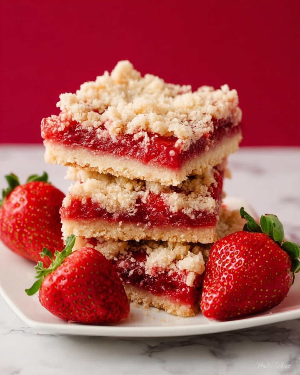 Three thick square pieces of strawberry crumb bars are stacked on a white plate. Each piece has three layers: the bottom layer is light golden and crumbly, the middle layer is bright red and juicy with strawberry filling, and the top layer is pale tan with a rough crumbly texture. Around the stack, there are four whole strawberries with green leaves. The plate is placed on a white marbled surface, and the background is a solid red color. photo taken with an iphone --ar 4:5 --v 7