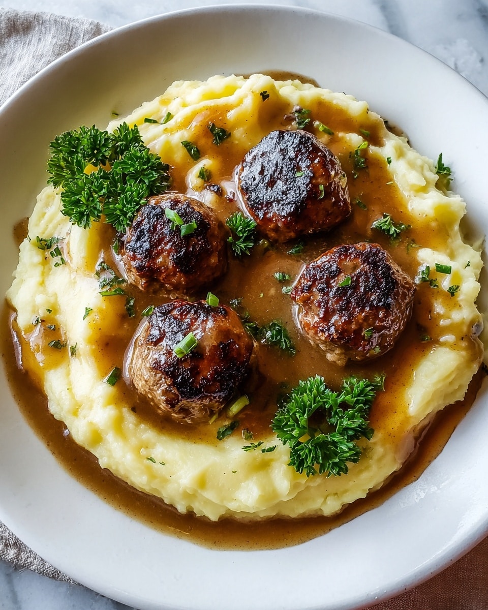 A white plate holds a serving of creamy mashed potatoes forming the base layer with a smooth, slightly lumpy texture and a pale yellow color. On top of the mash sit four browned meatballs, each with a dark, slightly crispy outer surface marked with grill-like sears and a juicy appearance. A rich brown gravy is poured around and partially covering the mashed potatoes, adding a glossy sheen and a warm deeper brown contrast. Small green chopped herbs are sprinkled over the meatballs and mashed potatoes for color, with two sprigs of fresh curly parsley placed as garnish near the top. The dish rests on a white marbled surface. Photo taken with an iphone --ar 4:5 --v 7