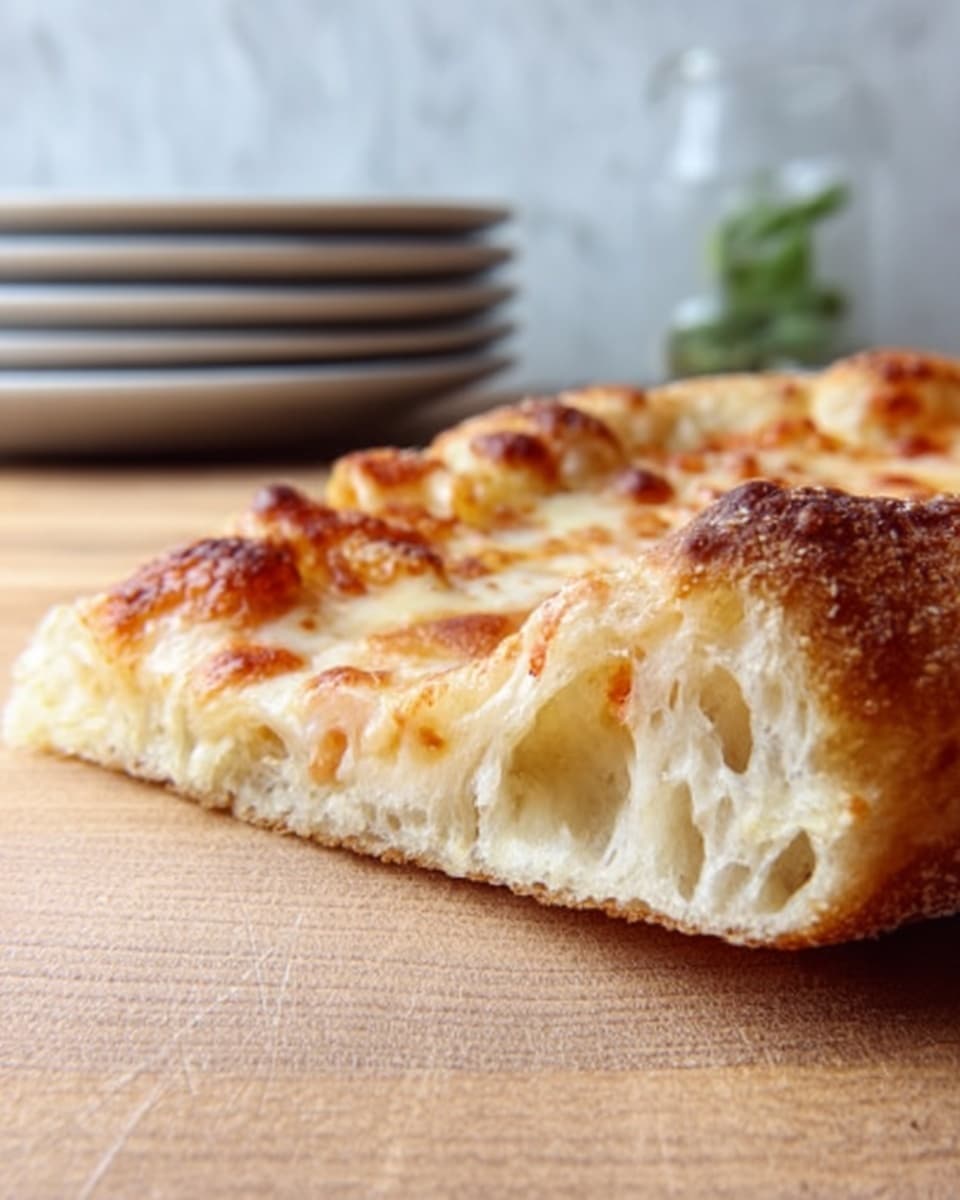 A close-up side view of a pizza slice with a thick, golden brown crust showing airy holes inside. The top layer has melted cheese in creamy white and light golden colors, with lightly browned spots giving a slightly crispy texture. The pizza rests on a light wooden surface with a soft-focus background showing stacked white plates. Photo taken with an iphone --ar 4:5 --v 7