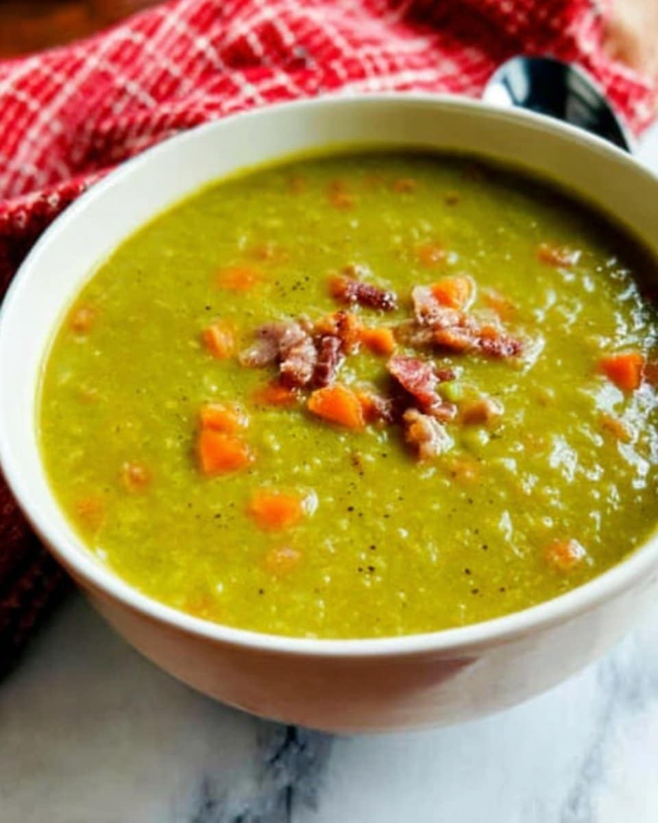 A white bowl filled with thick green pea soup with small chunks of orange carrots and bits of brown meat on top, creating a mix of green, orange, and brown colors. The soup looks creamy and smooth with some texture from the vegetables and meat pieces. The bowl is set on a white marbled surface, and a red and white checkered cloth is visible in the blurred background. Photo taken with an iphone --ar 4:5 --v 7