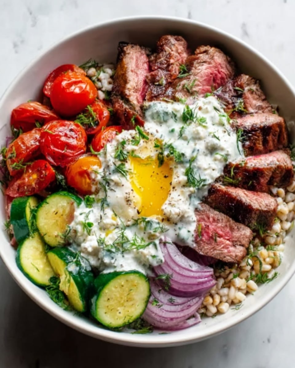 A white bowl on a white marbled surface holds a colorful, layered dish. At the bottom, there is a base of light tan grains. On the left side, several slices of medium-rare steak with a brown crust and pink center are neatly placed. Above the steak are sections of purple-red onion slices. On the top right, bright red cherry tomatoes and sliced green cucumbers are arranged. In the center, there is a generous amount of white, creamy sauce with green herbs mixed in, topped with a sprinkling of crumbled white cheese and a small drizzle of yellow oil or yolk. The colors and textures contrast well, making the dish look fresh and inviting. Photo taken with an iphone --ar 4:5 --v 7