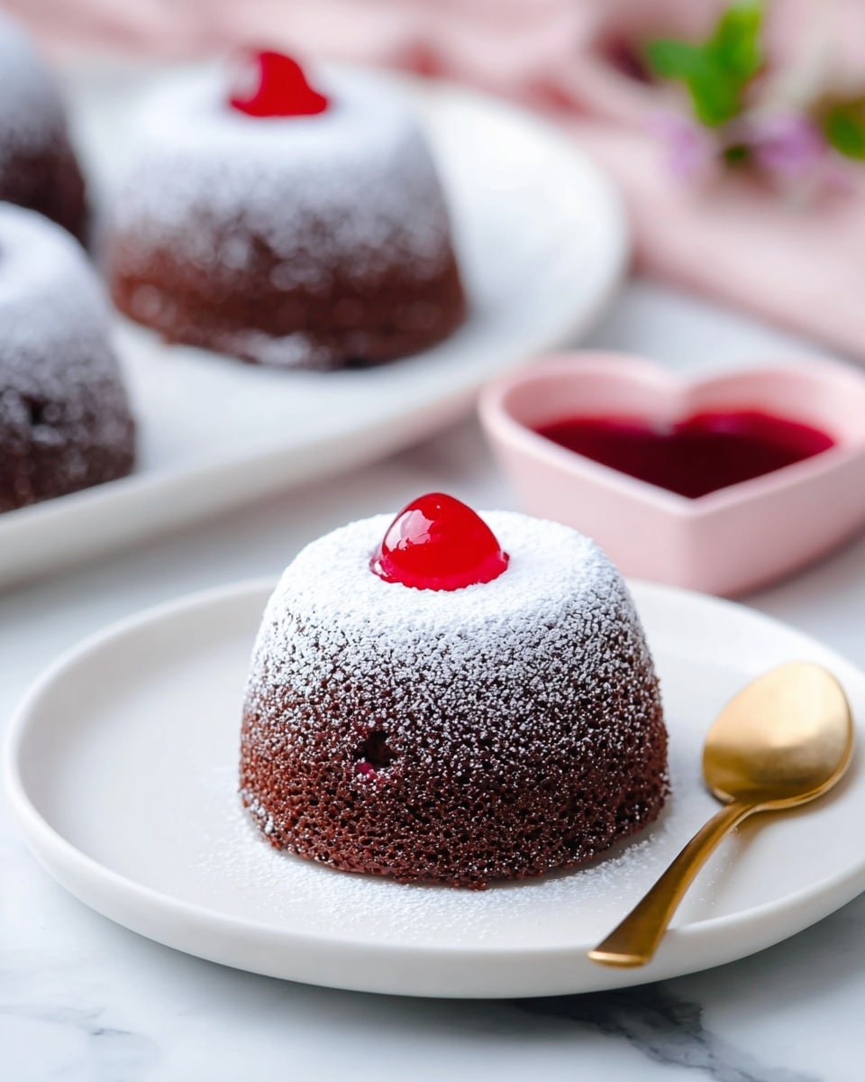 A dome-shaped dessert sits in the center of a white plate, showing two clear layers; the bottom layer is dark brown with a soft, porous texture, while the top layer is dusted with a smooth, even layer of white powdered sugar. A small round pool of bright red sauce is placed exactly on the top center of the dessert. Next to the plate is a gold spoon. In the blurred background, more of these desserts are arranged on a white plate on a white marbled surface, with a small white bowl of red sauce beside them. photo taken with an iphone --ar 4:5 --v 7