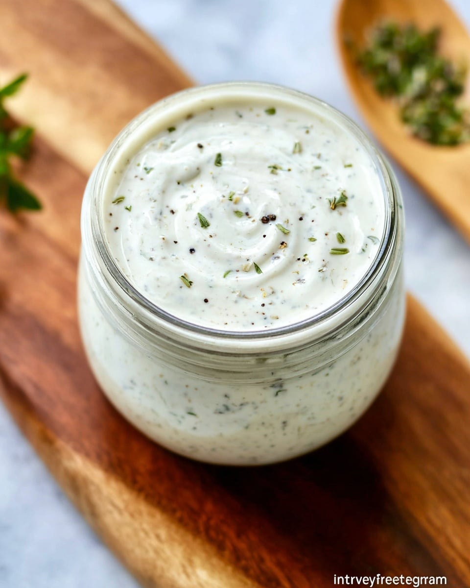 A close-up view of a glass jar filled with creamy white sauce mixed with small flecks of green and black herbs and spices evenly spread throughout the smooth texture. The jar is placed on a white marbled textured surface, with a blurred green herb mix visible in a wooden bowl near the bottom edge. The top of the sauce is slightly swirled and glossy, showcasing its thick consistency. Photo taken with an iphone --ar 4:5 --v 7