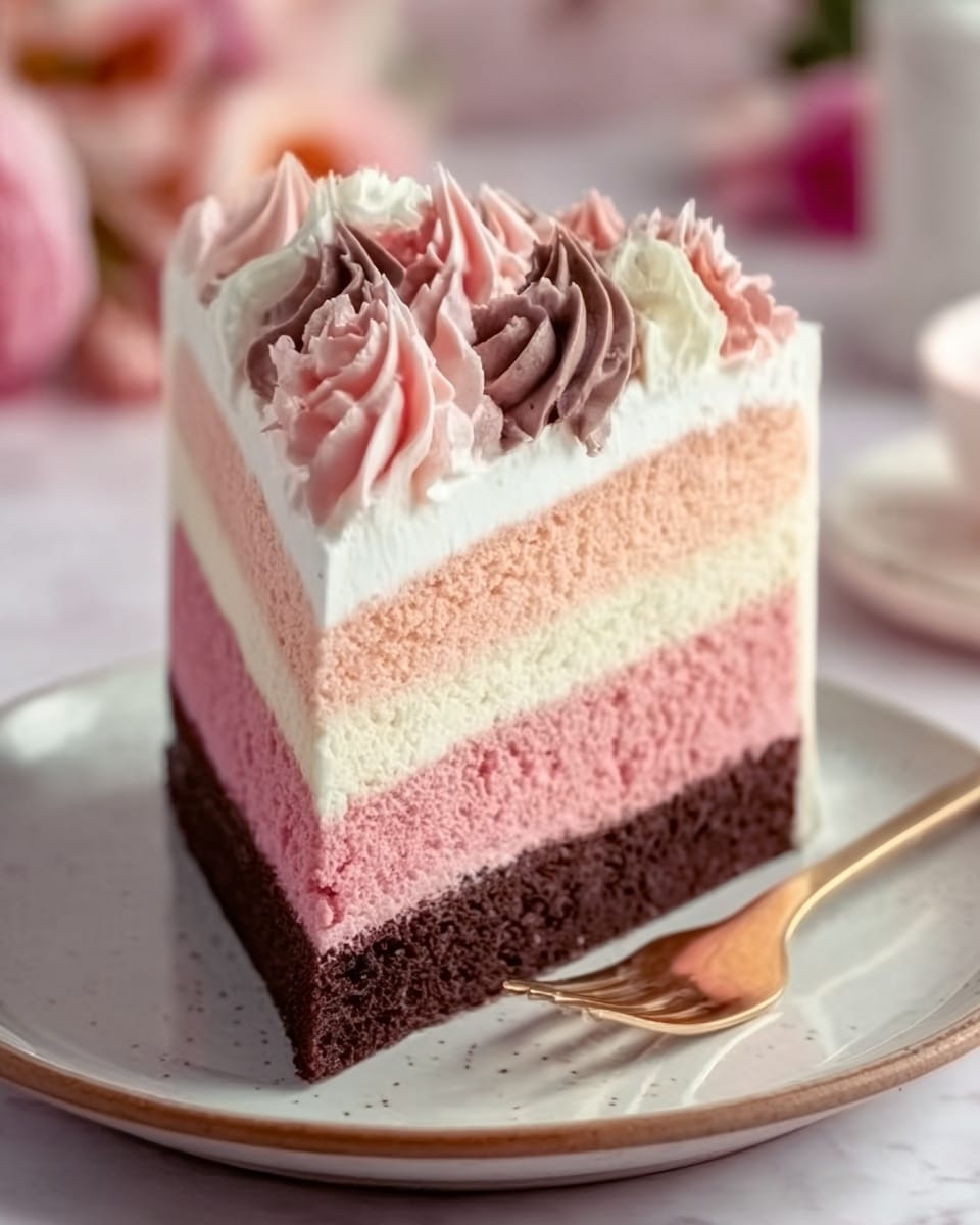 The image shows a tall slice of layered cake on a white plate with a light brown rim, placed on a white marbled surface. The cake has four layers: the bottom is dark brown with a dense texture, the next is a medium pink, followed by a creamy white layer, and the top is a light pink layer. On top of the cake, there are swirls of pink, white, and dark brown cream, arranged in a decorative pattern. A gold fork is placed next to the plate, and a blurred background with soft pink and white elements is visible. Photo taken with an iphone --ar 4:5 --v 7