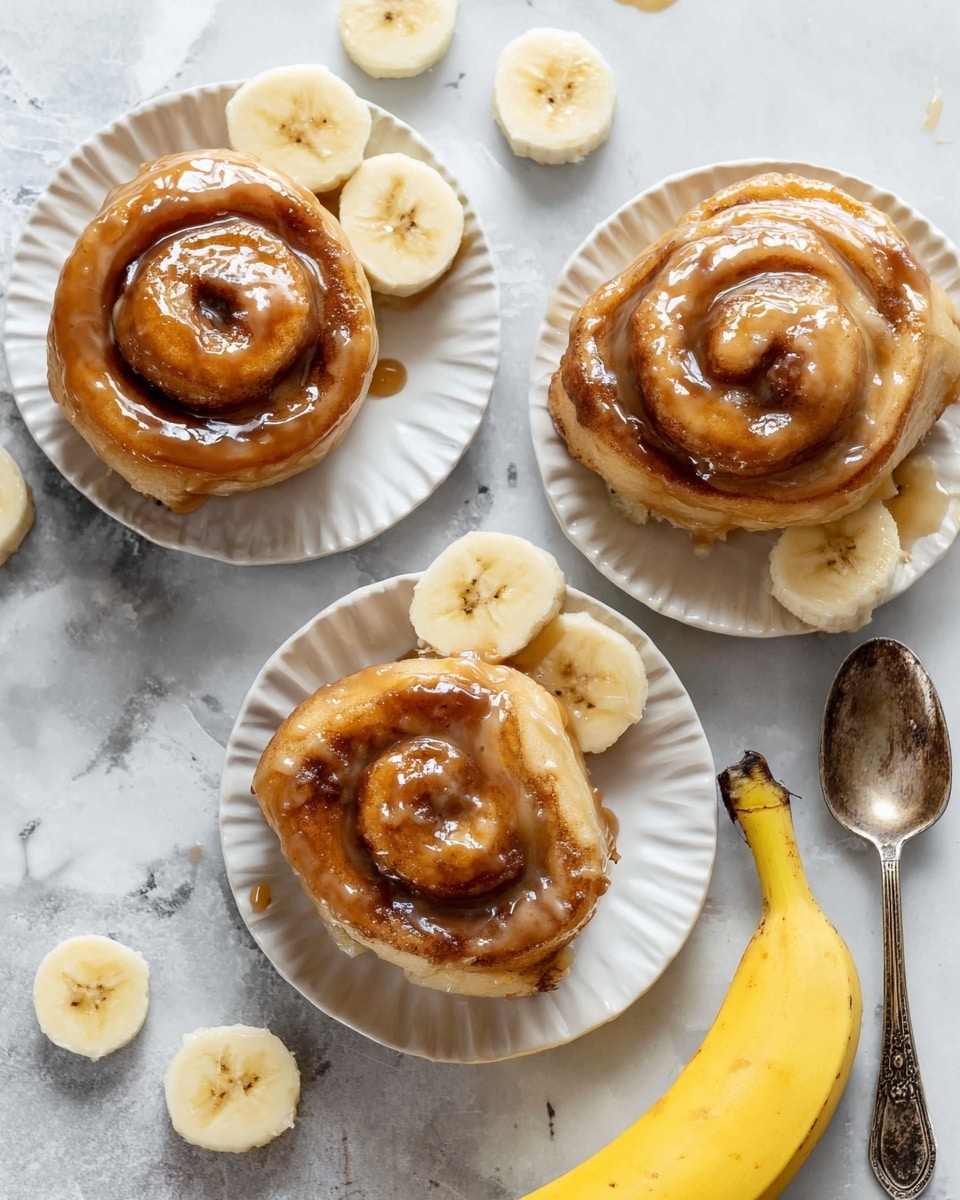 Three soft, golden brown cinnamon rolls with thick, shiny caramel glaze covering the top and sides are placed on individual white ruffled edge plates. Each roll shows distinct swirled layers of dough and cinnamon filling. Around the rolls, there are several banana slices with light cream color and soft texture, scattered on the plates. A partly peeled banana with bright yellow peel and creamy white inside is positioned near the bottom right, next to a vintage silver spoon with a detailed handle resting on the marbled white surface that holds everything. The scene is brightly lit, emphasizing the warm tones and glossy texture of the glaze. photo taken with an iphone --ar 4:5 --v 7