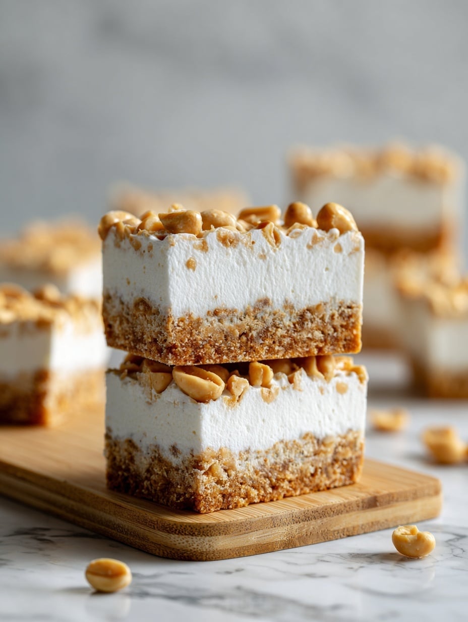 A stack of three Greek yogurt protein bars is shown on a wooden board. Each bar has three clear layers: the bottom layer is a textured light brown, crunchy base, the middle layer is thick and creamy white Greek yogurt filling, and the top layer is made of beige peanut pieces scattered unevenly. The bars are rectangular and neatly cut, with the creamy layer smooth and slightly soft, contrasting with the crunchy layers. The stacked bars are centered with a blurred background of more bars scattered behind. The setting is on a white marbled surface. Photo taken with an iphone --ar 4:5 --v 7