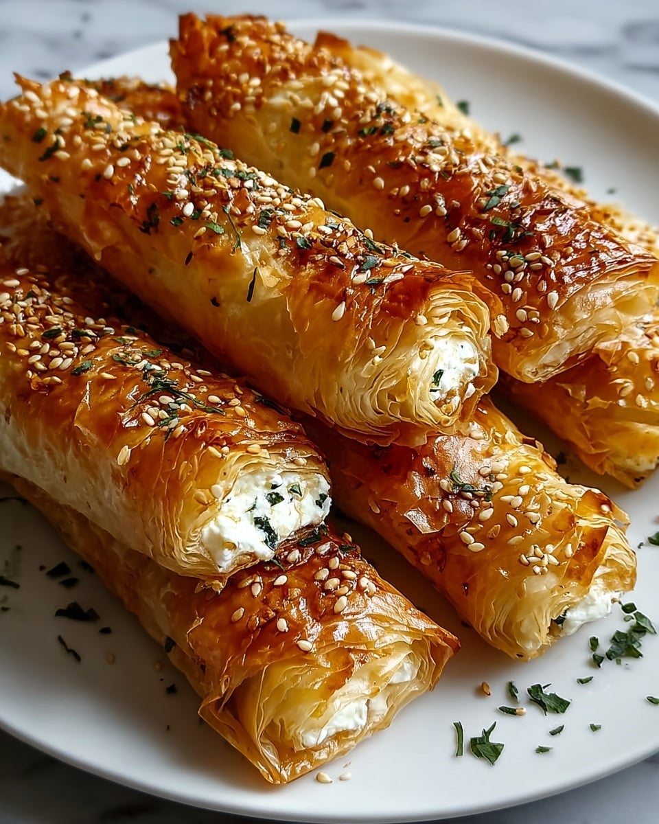On a white plate set on a white marbled surface, there are five golden-brown, crispy pastry rolls arranged close together. Each roll has several thin, flaky layers with a shiny, slightly sticky glaze on top, sprinkled with small sesame seeds and finely chopped green herbs. The ends of the rolls are open, revealing a creamy white cheese filling mixed with green herb bits, creating a soft and rich contrast to the crunchy pastry shell. More chopped green herbs are scattered lightly around the plate, enhancing the rustic look of the dish. photo taken with an iphone --ar 4:5 --v 7