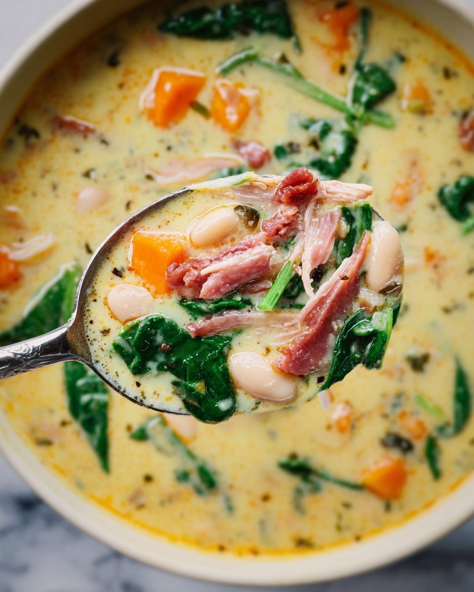 A close-up of a ladle filled with thick creamy soup showing visible layers including dark green spinach leaves, orange carrot chunks, white beans, and shredded reddish-brown pieces of meat, all mixed in a pale yellow creamy broth with specks of herbs. The soup in the ladle is held over a pot of the same soup with a white marbled texture visible beneath. The textures range from creamy smooth broth to soft vegetables and tender meat fibers. photo taken with an iphone --ar 4:5 --v 7