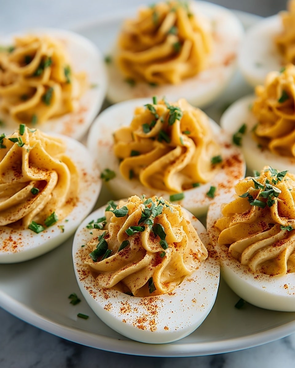 The image shows several deviled eggs arranged neatly on a white plate placed on a white marbled surface. Each deviled egg has a smooth, white egg white base, sliced in half, with a creamy, golden-yellow yolk filling piped in a decorative swirl pattern on top. The filling has a slightly textured, fluffy appearance and is generously sprinkled with finely chopped green herbs and a light dusting of reddish-brown paprika, adding a touch of color contrast. The eggs are displayed close together, with the filling standing tall above the egg white halves, giving the dish an inviting and appetizing look. Photo taken with an iphone --ar 4:5 --v 7