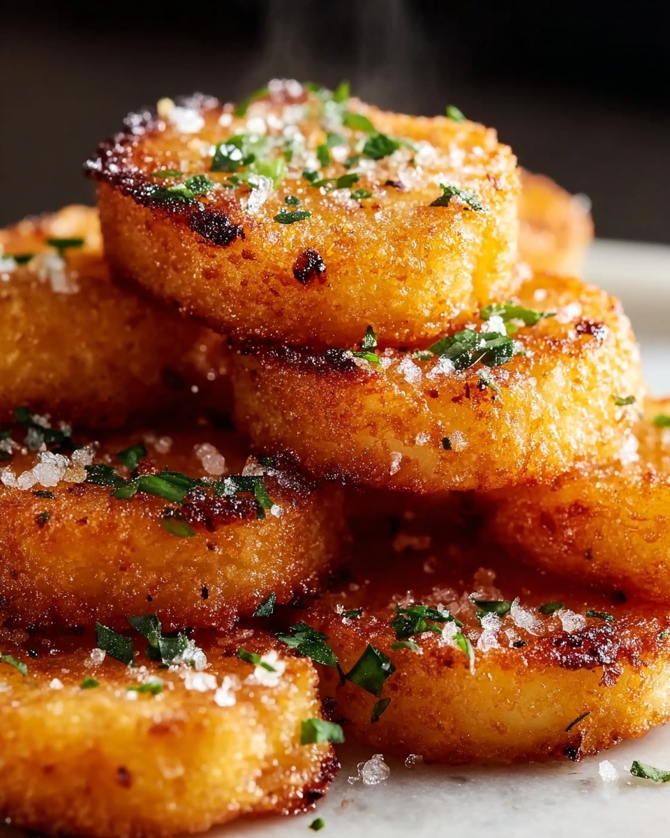 The image shows a close-up of golden-brown crispy rounds stacked unevenly, each piece with a crunchy texture and slightly charred edges that highlight the cooking. The surface of these rounds is sprinkled with coarse white salt and tiny green herb leaves, adding contrast and freshness. A light steam rises from the warm stack, emphasizing the hot and freshly cooked nature of the dish. The background is blurred enough to keep the focus solely on the detailed crispy rounds resting on a white marbled texture. photo taken with an iphone --ar 4:5 --v 7
