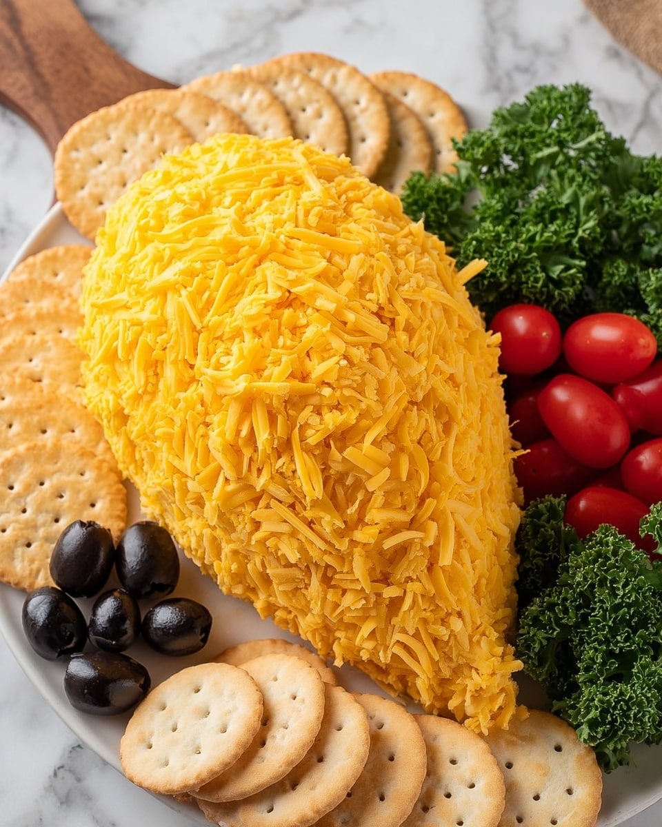 A white plate on a white marbled surface holds a large, cone-shaped cheese ball covered completely with bright yellow shredded cheddar cheese. Around the cheese ball, there are light golden round crackers, some split on a wooden serving board. To the right of the cheese ball, there is a bunch of fresh green curly parsley and a cluster of small red grape tomatoes. Black olives are placed to the left side near the crackers, completing the arrangement. The photo taken with an iphone --ar 4:5 --v 7
