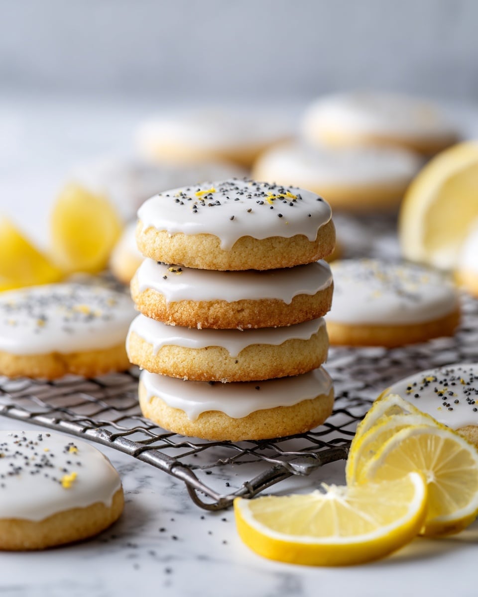 The image shows a stack of round cookies with white icing on top, decorated with small black seeds. Around the stack, there are more cookies laid flat on a wire cooling rack, each cookie evenly coated with smooth white icing. In front of the rack, two lemon wedges add a touch of bright yellow color. The entire scene sits on a white marbled surface, giving a clean and fresh look. photo taken with an iphone --ar 4:5 --v 7