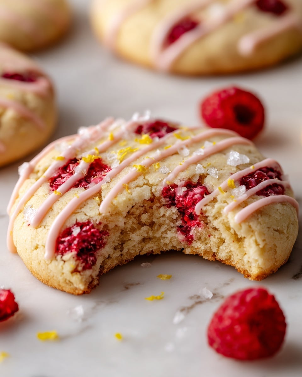 A round cookie with a soft, crumbly texture and light cream color base, embedded with bright red raspberries scattered throughout. The top is drizzled with thin lines of light pink icing and sprinkled lightly with granulated sugar and small flecks of yellow lemon zest. A bite is taken from the cookie, showing its thick and tender inside. The cookie rests on a white marbled surface, with a few small raspberry pieces and lemon zest near it. Other similar cookies are partially visible in the background. photo taken with an iphone --ar 4:5 --v 7
