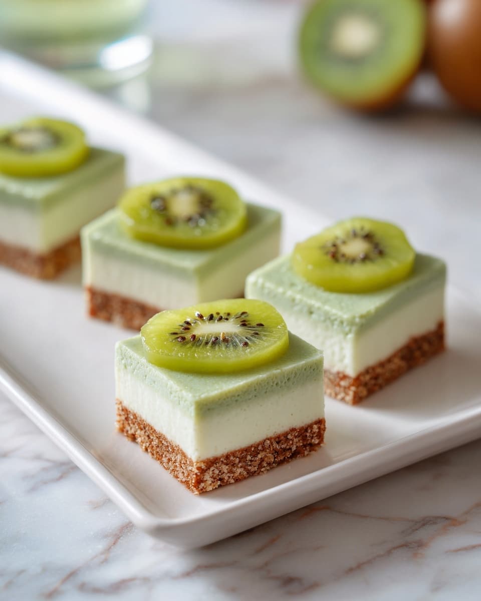 The image shows four small square dessert pieces placed neatly on a white rectangular plate. Each piece has three visible layers: the bottom layer is a light brown crust with a slightly rough texture, the middle layer is smooth and creamy with a pale green color, and the top layer is a thin slice of a green fruit with small dark seeds at the center, placed flat on each square. The background is a white marbled surface with some blurred objects in soft green and brown tones. Photo taken with an iphone --ar 4:5 --v 7