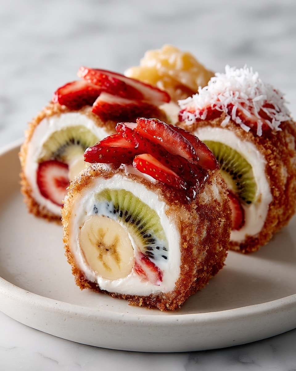 A white plate holds six small crepe rolls arranged in two rows, each crepe roll sliced to show a banana inside. The first row has crepes topped with red strawberry slices, the middle with yellow kiwi slices and a few white coconut shreds, and the last with bright red strawberry pieces and white coconut flakes sprinkled on top. The crepes are light brown and soft, with a smooth texture, and the white marbled surface adds brightness to the scene. Photo taken with an iphone --ar 4:5 --v 7