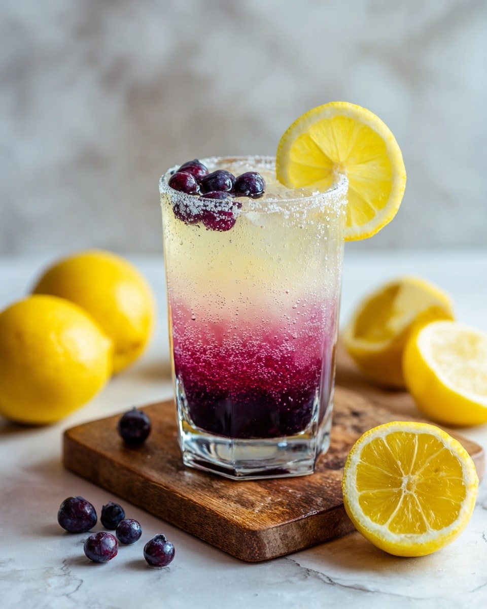 A clear glass filled with a sparkling drink shows three distinct layers: the bottom layer is deep purple with visible bubbles, the middle layer is a smooth blend of light pink fading into pale yellow, and the top layer is almost white with a sugary rim. Small purple berries float near the top inside the glass, while a bright yellow lemon slice decorates the rim. The glass sits on a wooden board with whole and halved lemons around it, all placed on a white marbled surface. Photo taken with an iphone --ar 4:5 --v 7