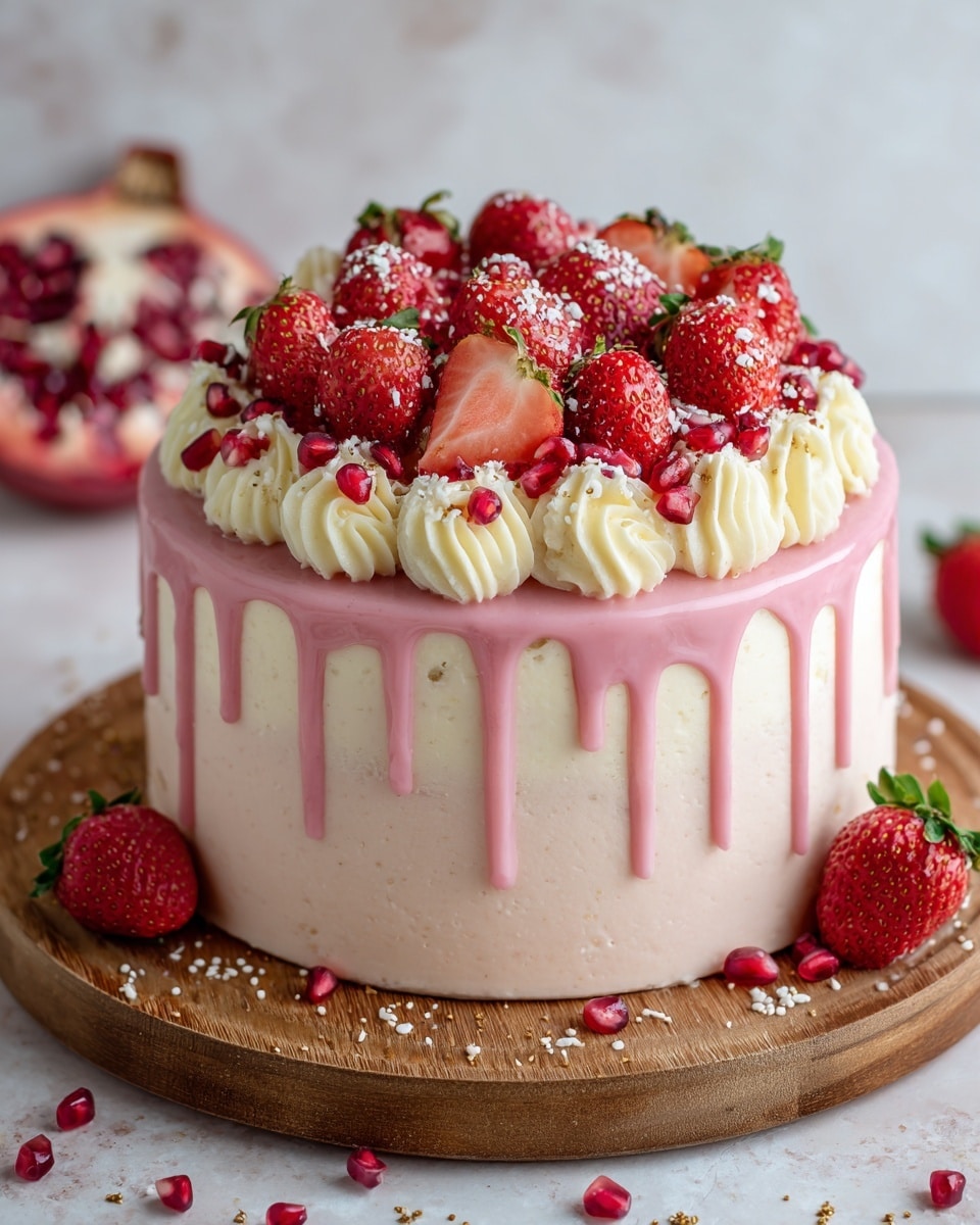 A round cake with three visible layers covered in smooth light pink cream. The top layer shows thick pink glaze dripping down the sides unevenly. On top, there is a ring of creamy white swirls around the edge. Inside the ring, many fresh strawberries, some whole and some sliced, are clustered with bright red pomegranate seeds scattered on the cream and strawberries. The cake sits on a wooden board with small white and gold sprinkles scattered around. The background shows a white marbled texture with a blurred strawberry and scattered seeds nearby. Photo taken with an iphone --ar 4:5 --v 7