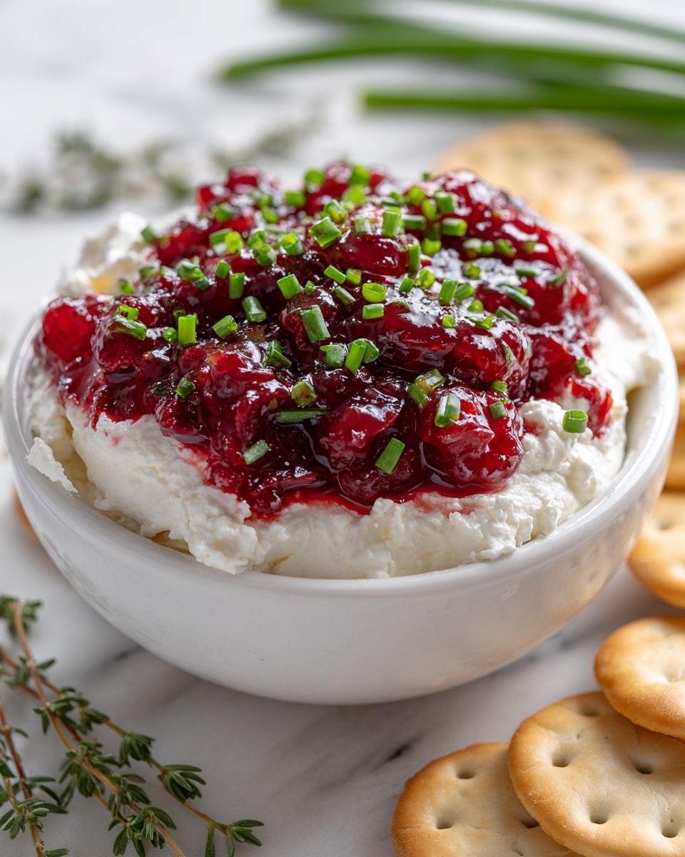 A white bowl filled with three visible layers: the bottom layer is thick white cream cheese with a smooth texture, topped by a bright red chunky cranberry sauce layer that looks juicy and fresh, and small green chopped chives sprinkled generously on top, all sitting on a white marbled surface with some light reflects. Around the bowl, there are light beige saltine crackers and some green onion stalks, with soft natural lighting. Photo taken with an iphone --ar 4:5 --v 7
