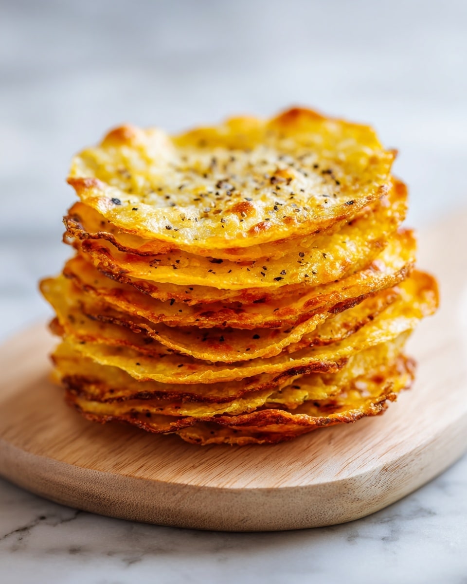 A stack of six thin, crispy cheese crisps is shown on a light wooden board over a white marbled surface. Each crisp is golden yellow with darker toasted brown edges and small black pepper flakes scattered across the surface. The crisps have a slightly uneven, wavy texture with tiny hole patterns, and the stack is slightly leaning with the top piece curving upwards. The background is softly blurred, emphasizing the crisp details and crispy texture, photo taken with an iphone --ar 4:5 --v 7