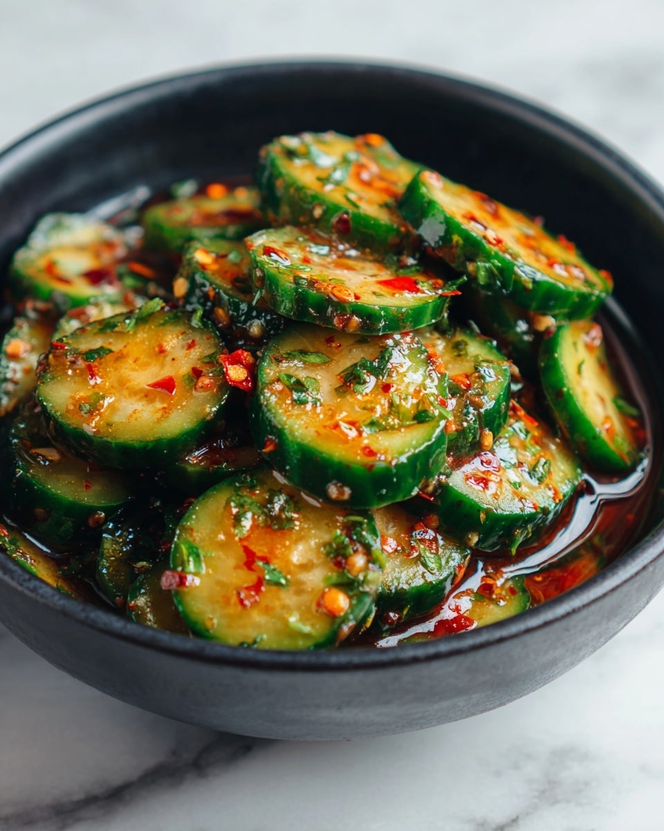 The image shows a close-up of a bowl filled with sliced cucumbers that are coated in a shiny, slightly oily sauce with red chili flakes and finely chopped green herbs scattered on top. The slices are stacked unevenly, showing their light green flesh and dark green rinds, with some hints of seeds visible. The bowl is black and contrasts with the vibrant colors of the cucumbers, sauce, and herbs. The background surface is a white marbled texture. photo taken with an iphone --ar 4:5 --v 7