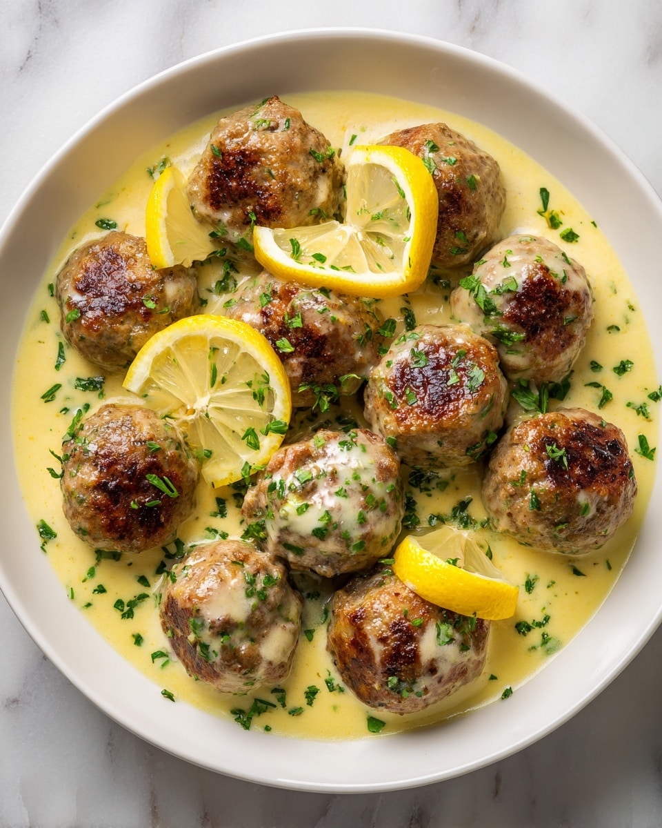 The image shows a white bowl filled with several browned meatballs sitting in a light yellow creamy sauce. The meatballs are round with a slightly rough texture on the outside, and some look more cooked than others. Thin lemon slices are scattered on top and between the meatballs, adding a fresh, bright element. Small green herb pieces are sprinkled lightly across the dish, giving a touch of color contrast. The bowl rests on a white marbled surface. Photo taken with an iphone --ar 4:5 --v 7