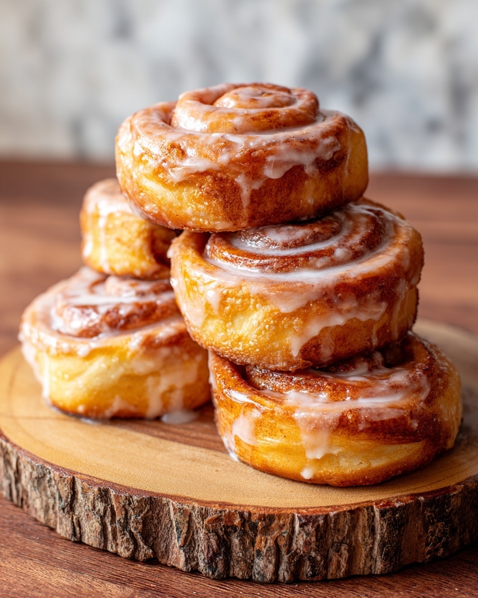Five cinnamon rolls are stacked closely on a round wooden board with rough bark edges. Each roll shows spiral layers with a golden-brown top and light yellow dough inside, with liquid glaze drizzled unevenly over them, pooling slightly on the board. The wooden board sits on a brown wooden surface, and in the background, there is a blurred white marbled texture. photo taken with an iphone --ar 4:5 --v 7