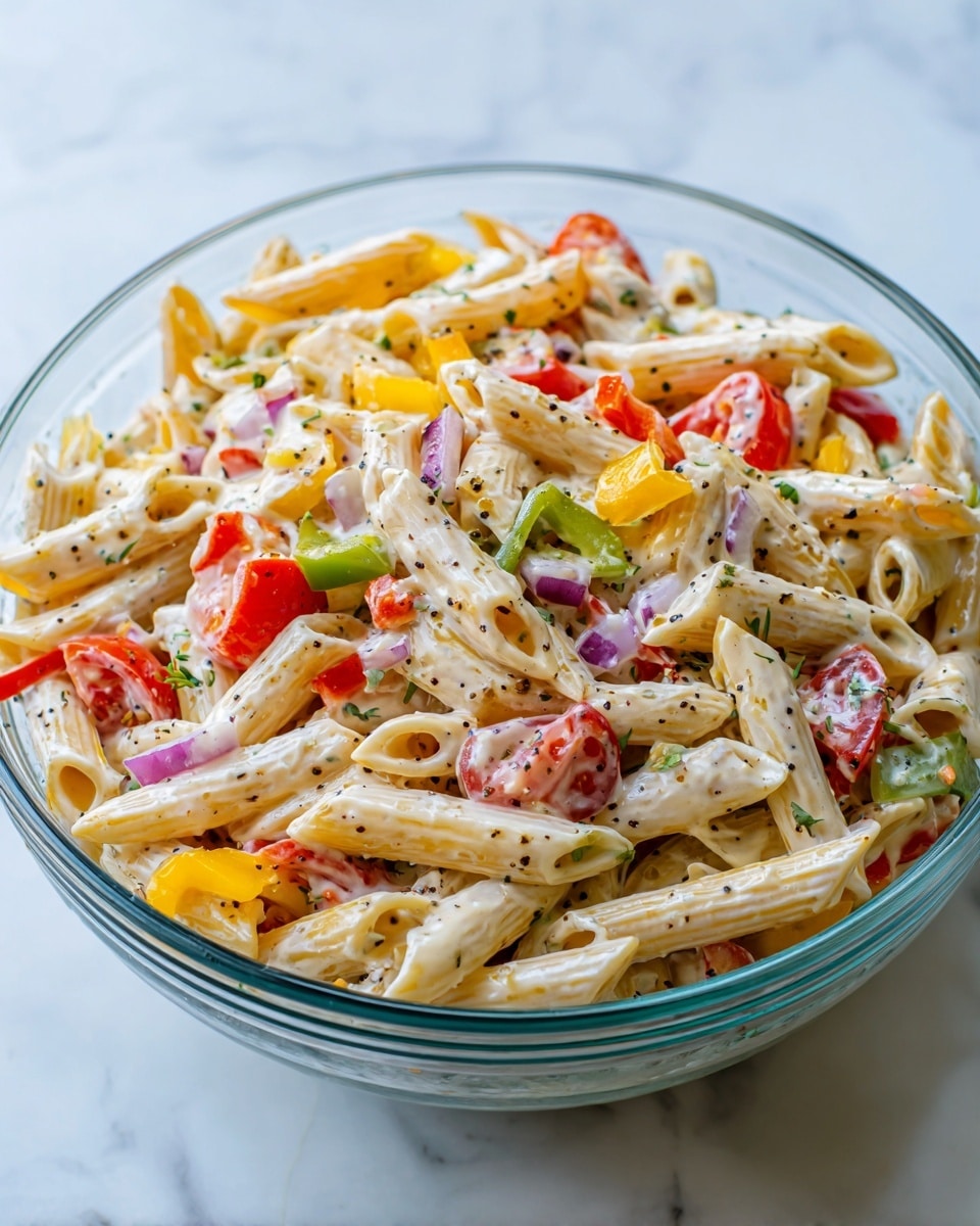 A large clear glass bowl filled with a pasta salad that has three main visible layers: the bottom layer consists of cooked penne pasta in a light beige color; mixed throughout are pieces of thinly sliced red bell peppers, halved cherry tomatoes that are bright red, and pale green banana pepper rings. There are also small chunks of light yellow cheese and slivers of purple onions scattered across the bowl. The whole salad is coated lightly in a creamy white dressing dotted with black pepper, making the texture look moist but not soggy. The bowl sits on a white marbled surface. photo taken with an iphone --ar 4:5 --v 7