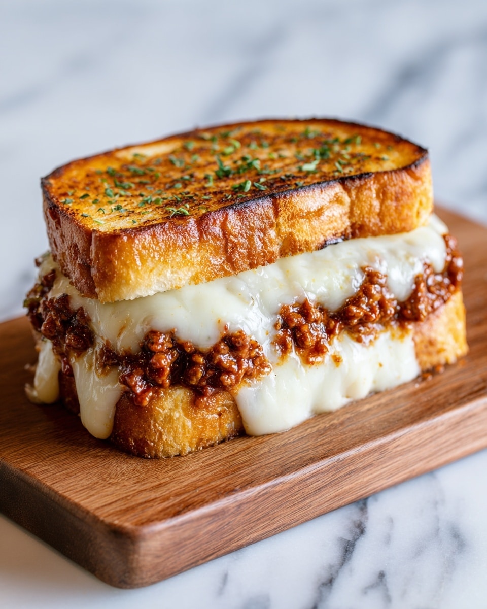 The image shows a grilled sandwich with three layers visible, placed on a wooden board over a white marbled surface. The bottom layer is a slightly toasted white bread slice, topped by a thick layer of melted white cheese that oozes out from the edges. On top of the cheese, there is a middle layer filled with a chunky, textured mix of cooked ground meat and sauce, reaching the sandwich edges. The top layer is another slice of grilled white bread with a golden-brown crust and light char marks, sprinkled with small green herbs. The sandwich looks warm, with melted cheese stretching slightly from the sides. photo taken with an iphone --ar 4:5 --v 7